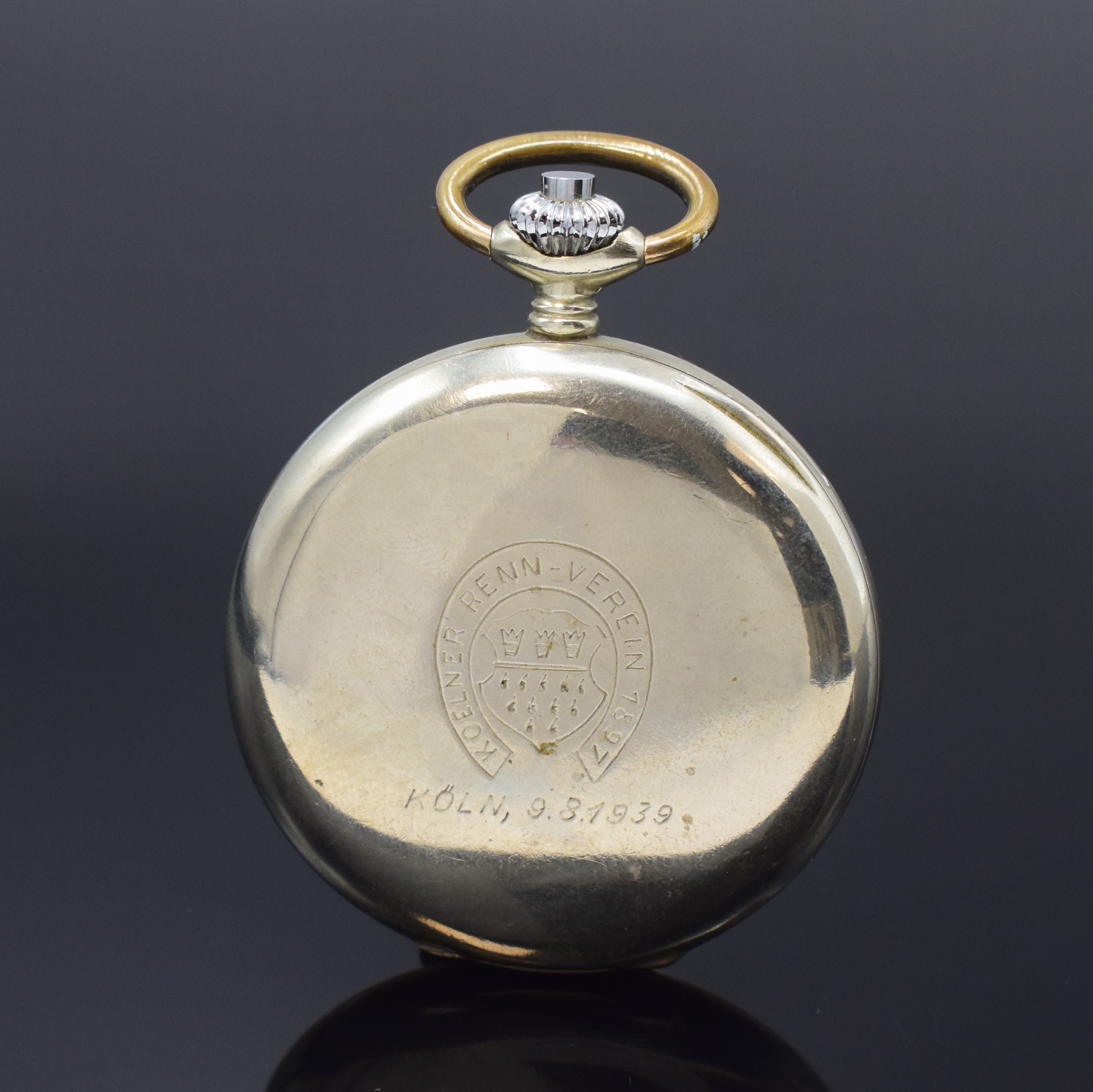 Detail a: MINERVA Kaliber 9-19 offene Taschenuhr mit Schaltradchronograph, Schweiz um 1930, glattes Nickelgeh., rücks. grav. "Kölner Rennverein 1897 ...