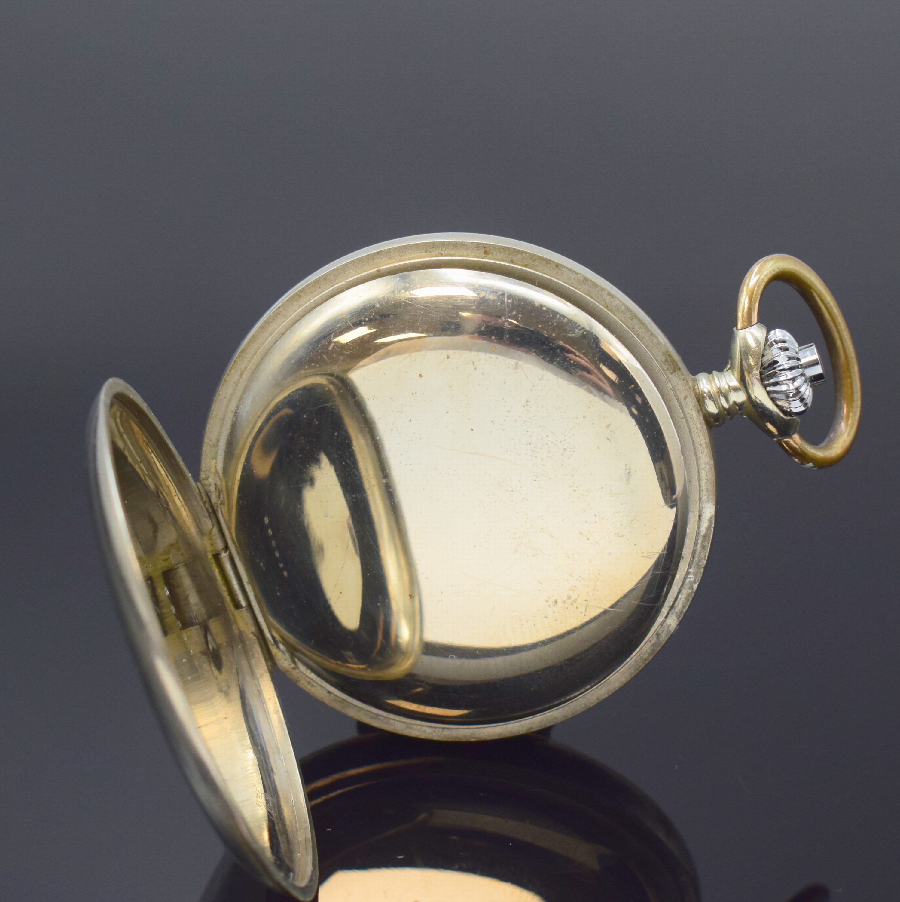 Detail c: MINERVA Kaliber 9-19 offene Taschenuhr mit Schaltradchronograph, Schweiz um 1930, glattes Nickelgeh., rücks. grav. "Kölner Rennverein 1897 ...