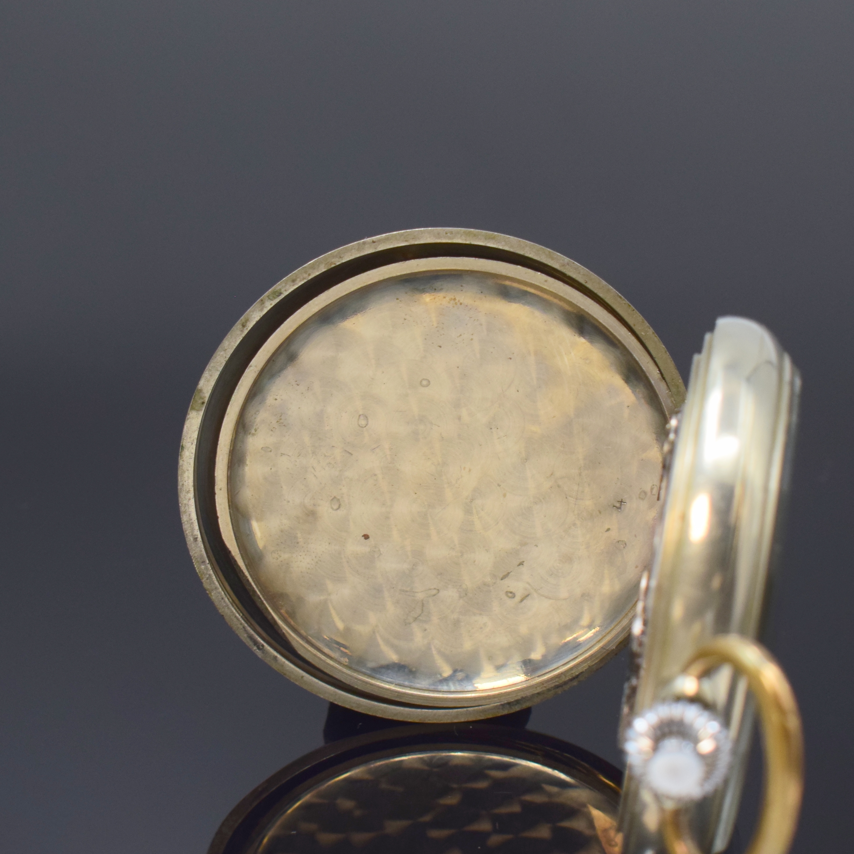 Detail d: MINERVA Kaliber 9-19 offene Taschenuhr mit Schaltradchronograph, Schweiz um 1930, glattes Nickelgeh., rücks. grav. "Kölner Rennverein 1897 ...