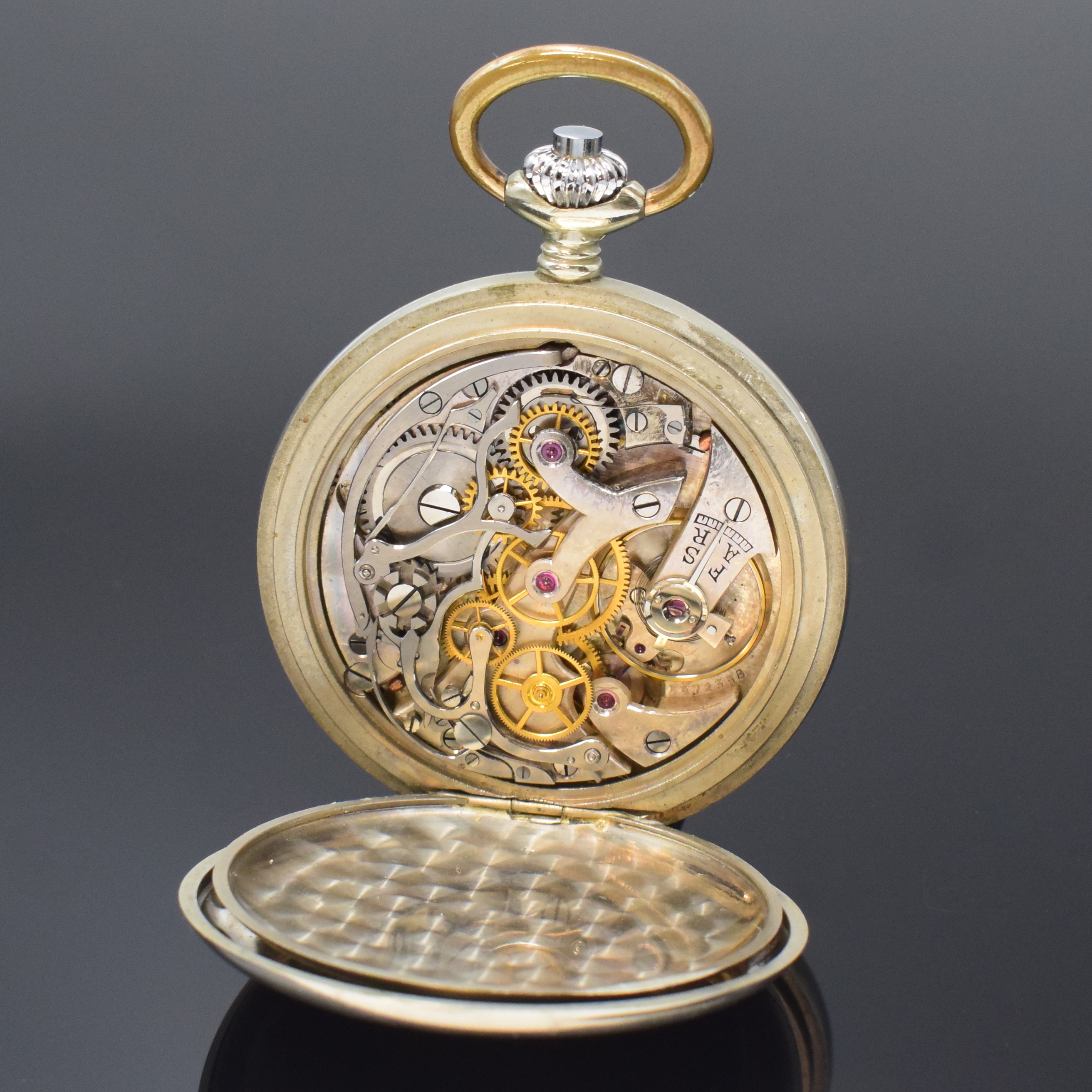 Detail e: MINERVA Kaliber 9-19 offene Taschenuhr mit Schaltradchronograph, Schweiz um 1930, glattes Nickelgeh., rücks. grav. "Kölner Rennverein 1897 ...