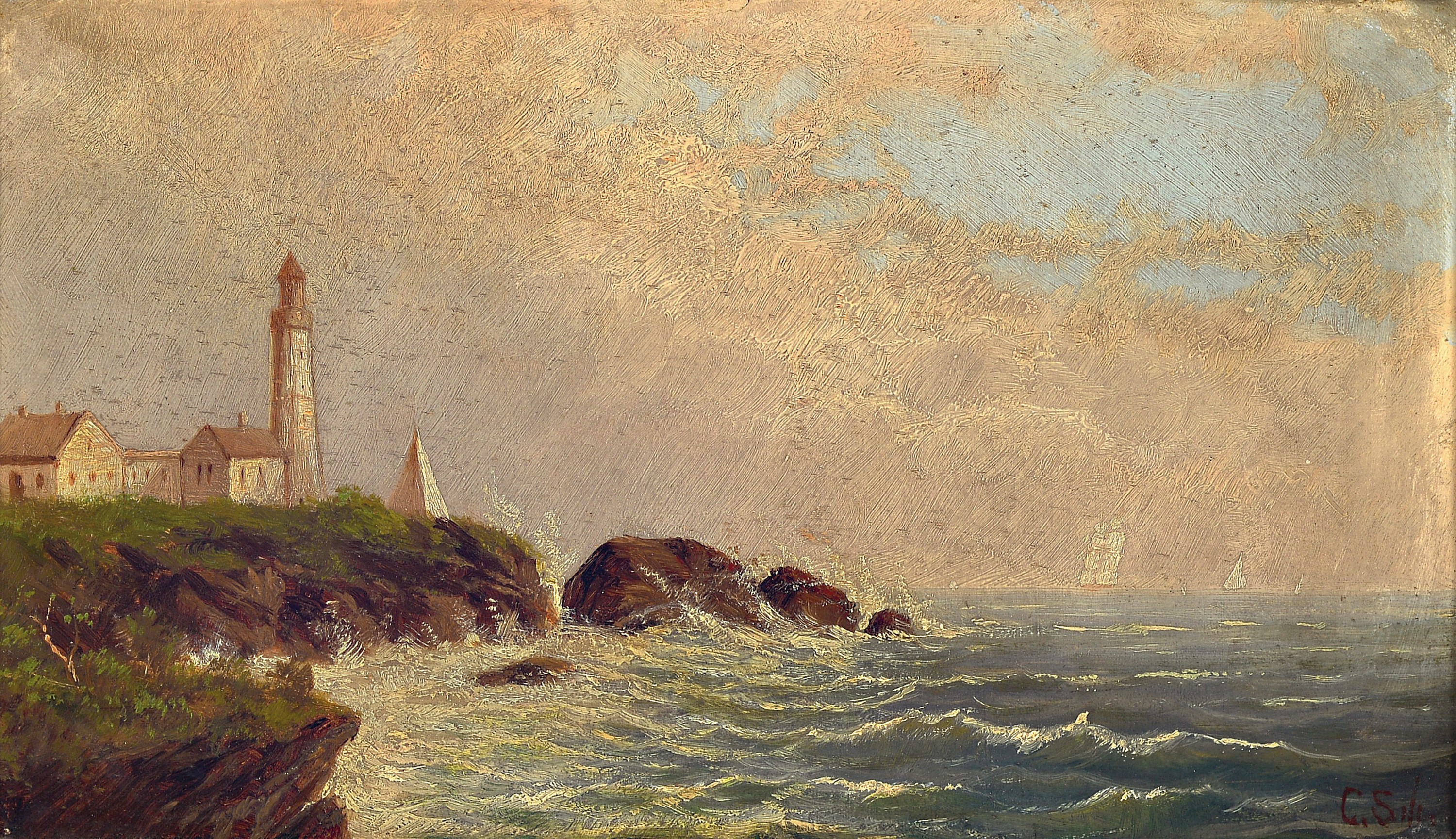 Charles Schumacher, 1835-1890, Portland Head Light Cape Elizabeth Maine, Öl/Malkarton, rückseitig betitelt und signiert, ca. 20x33cm, R. ca. 31x43cm