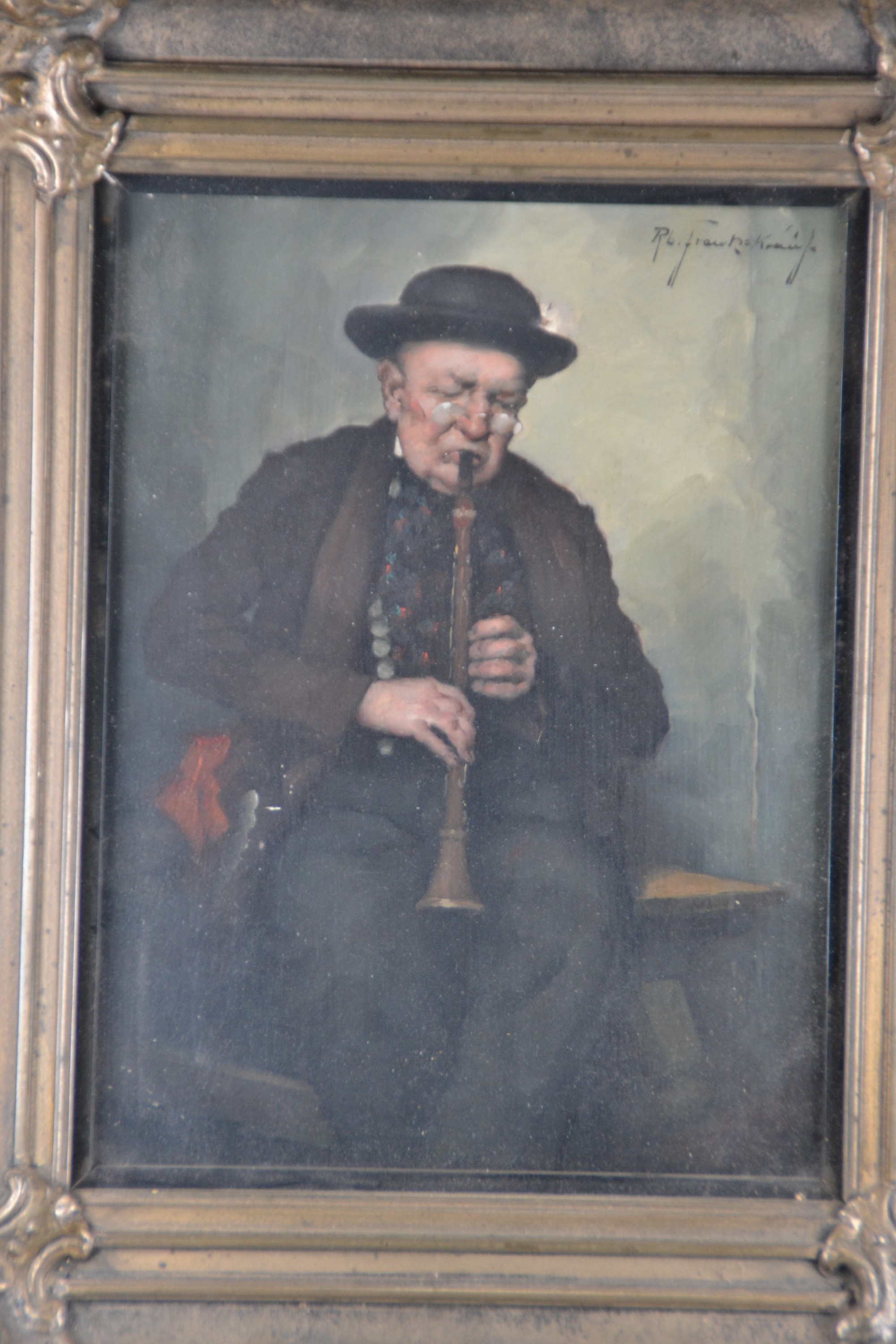 Detail a: Robert Frank-Krauss, 1893 Fürth-1950 München, Klarinette spielender Mann in Tracht, Öl/Holz, rechts oben sign., ca. 24x18cm, u.Gl., R. ca. 40x34cm