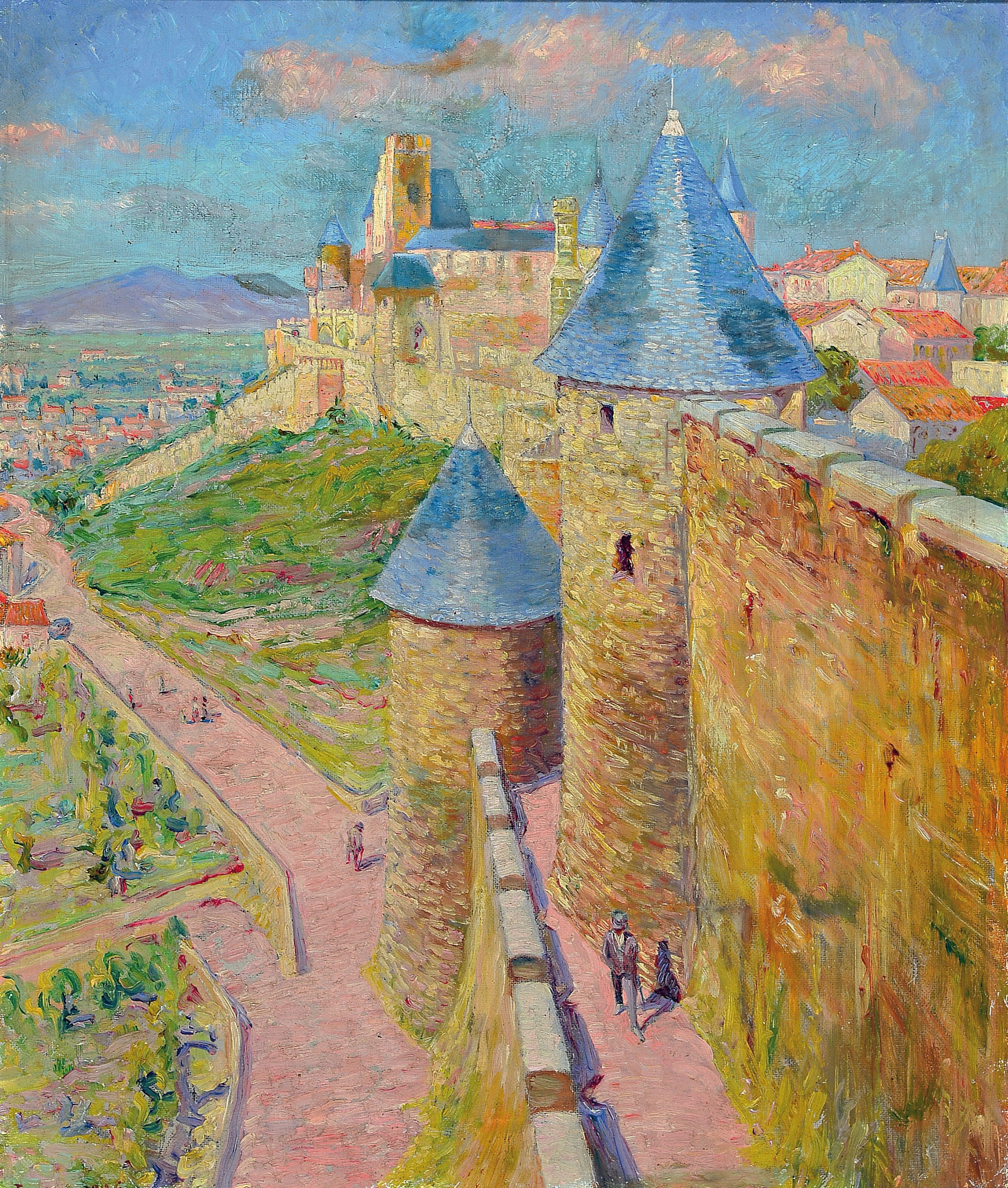 August Le Tendre, 1867 Guingamp-1931 Lorient, Freund und Schüler von henri Moret, hier: Ansicht von Carcasonne, Öl/Malkarton, links unten sign. und ...
