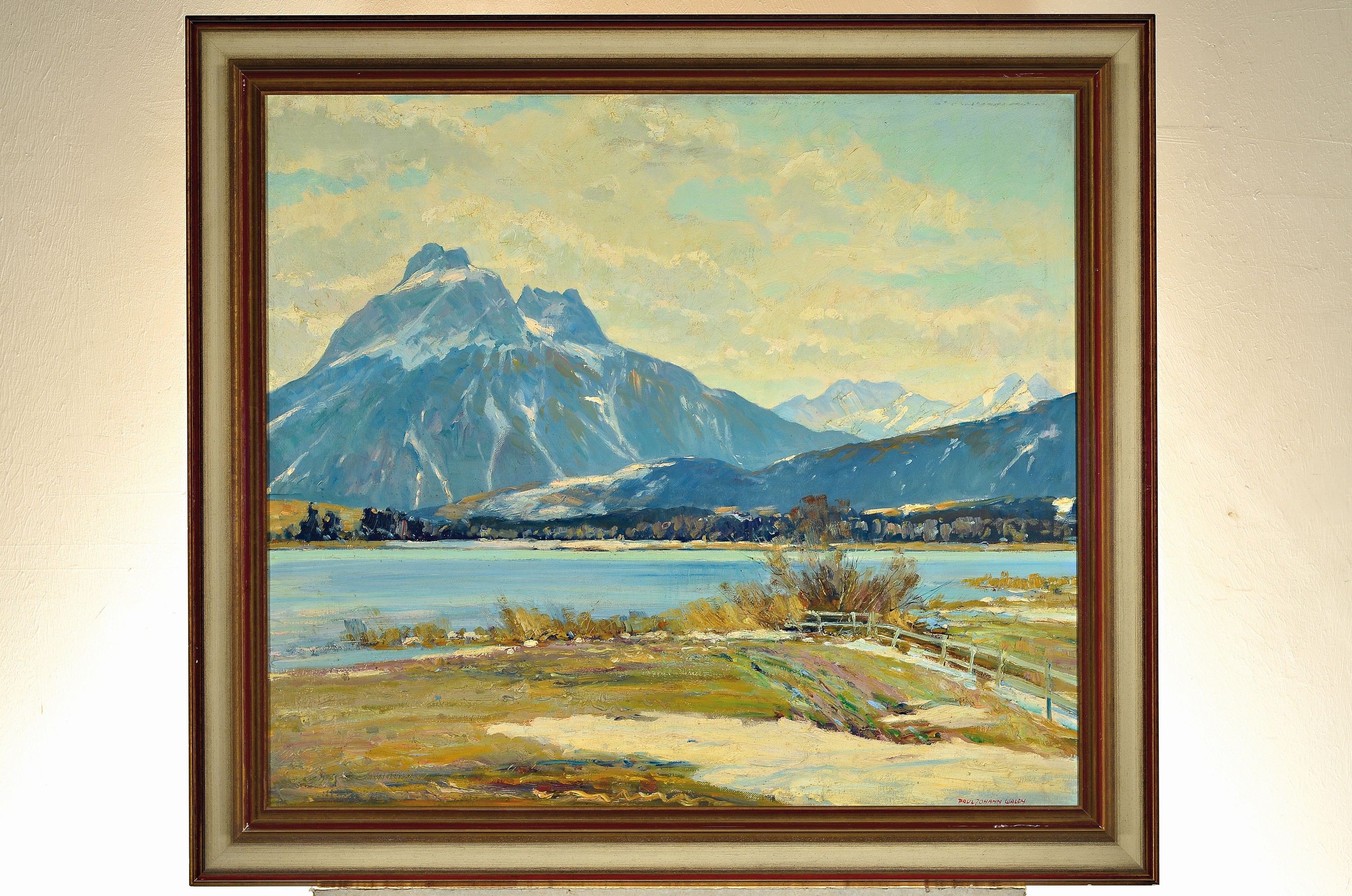 Detail k: Paul Johann Walch, 1881 Leutstetten-1958, Gebirgslandschaft mit See, Öl/Lwd, rechts unten signiert, ca. 80x90cm, R. ca. 96x106cm, Walch studierte an ...
