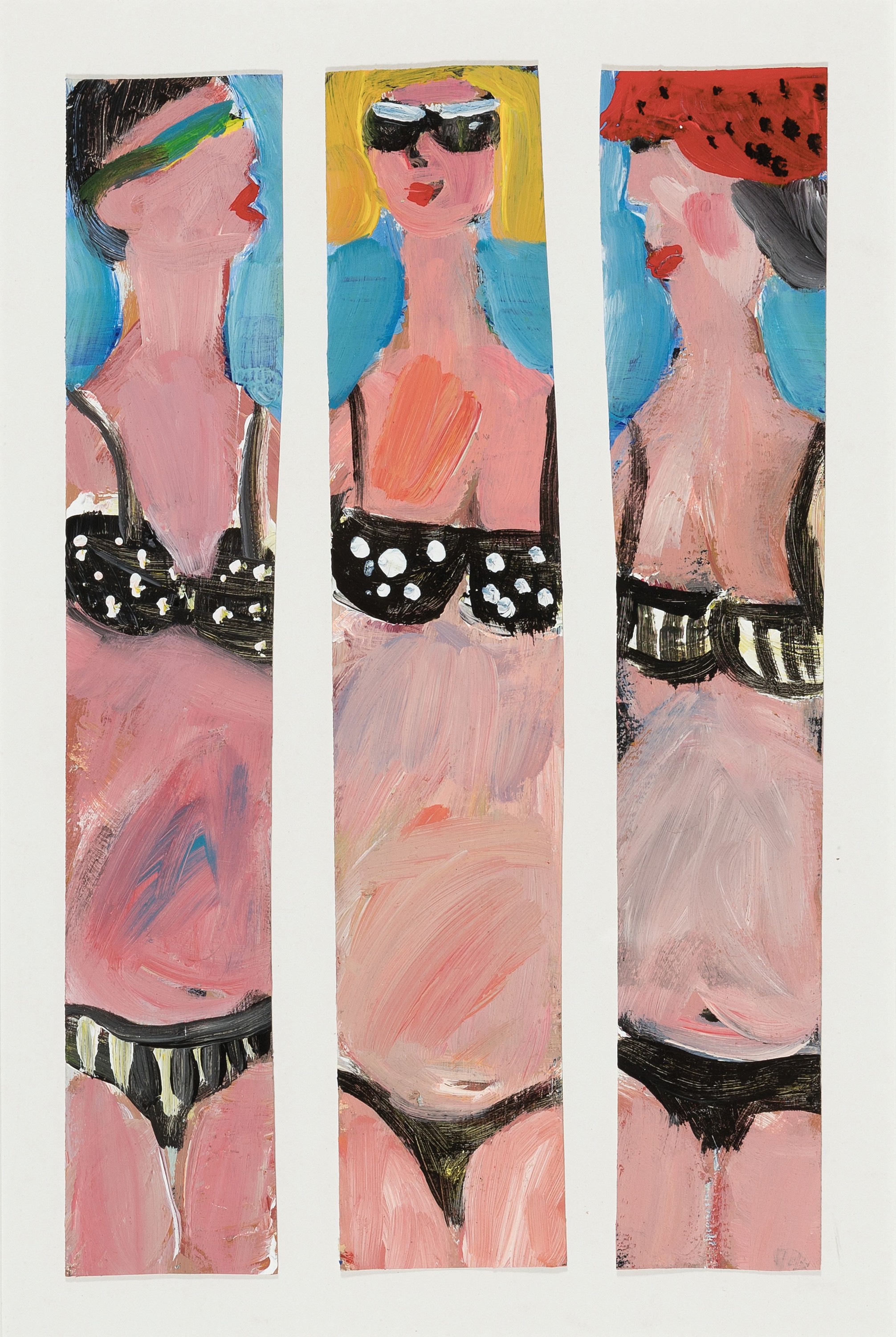 Sigrid Palmer, geb. 1962 Schorndorf, lebt und arbeitet in Frankfurt/M., Strandgespräch, Öl/Malkarton, 3 mal je 32x5.5cm, PP, u.Gl., R. ca. 65x45cm