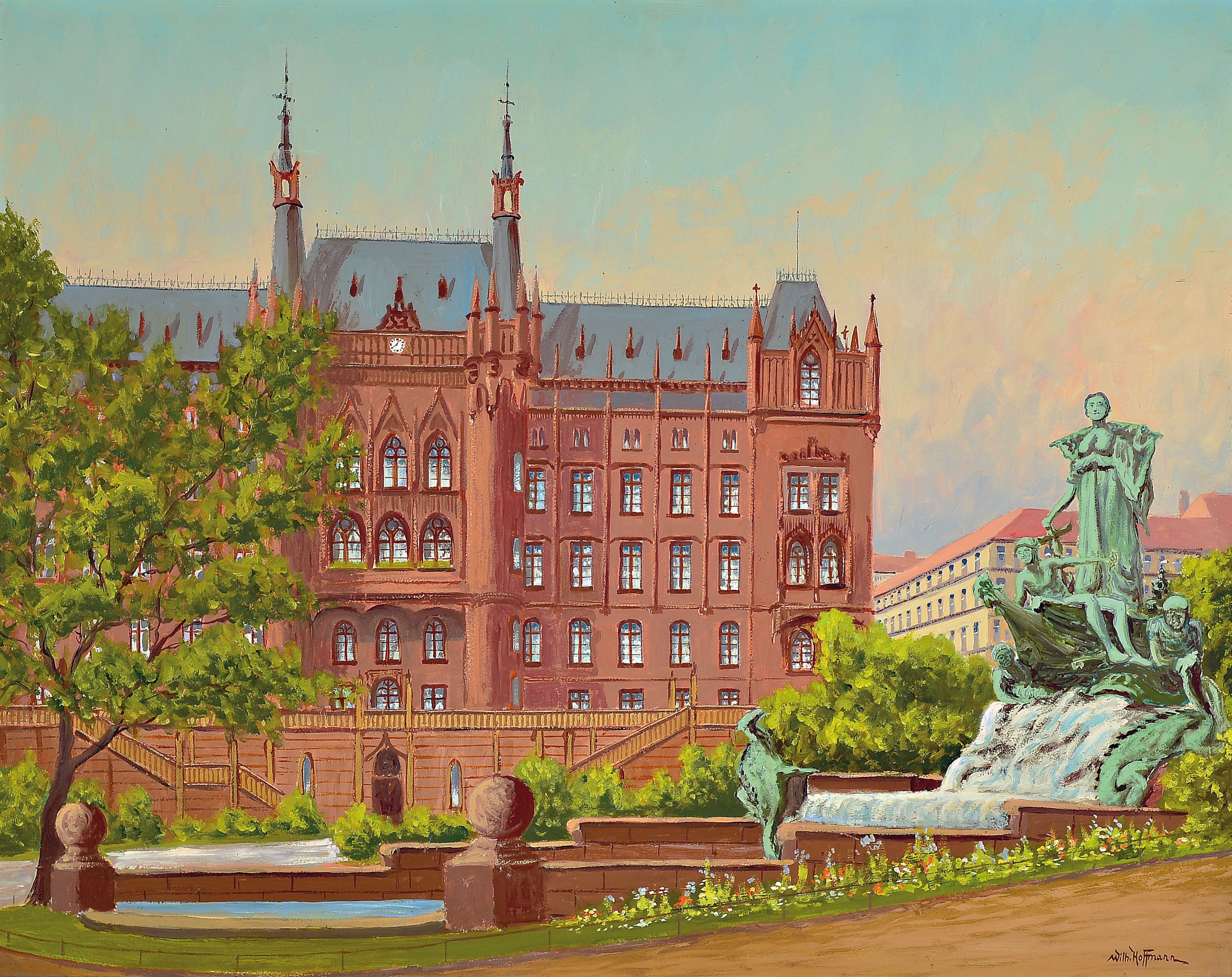 Wilhelm Hoffmann, 1897-1986, Neues Rathaus mit Manzel-Brunnen in Stettin, Öl/Hartfaser, rechts unten signiert, ca. 55x70cm, R. ca. 66x80cm