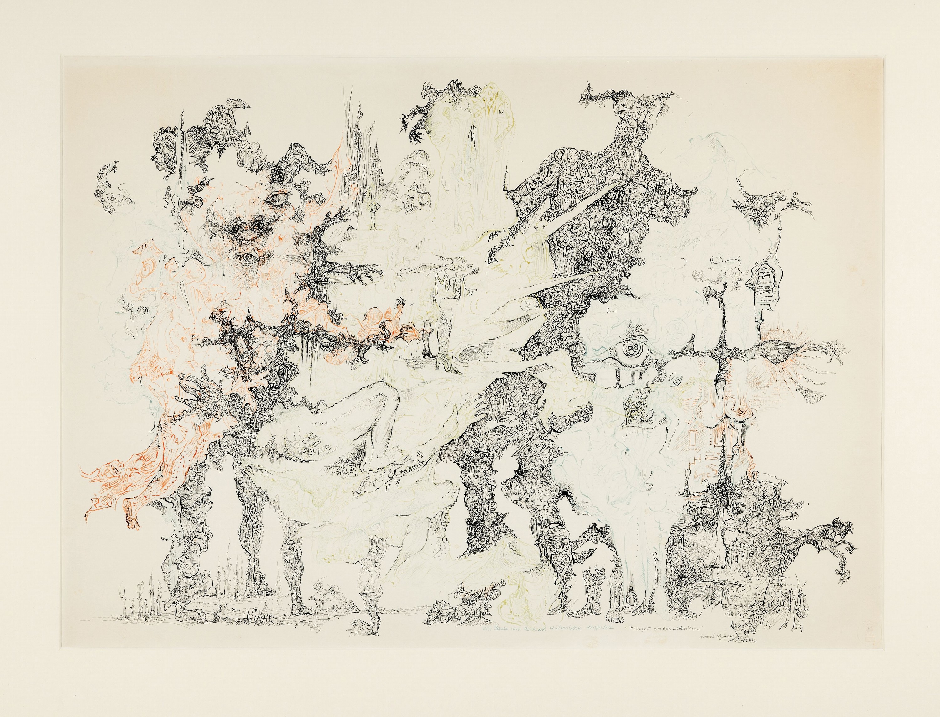 Bernard Schultze, 1915 Pila-2005 Köln, Aquarell und Tusche, "Freizeit um den wilden Mann", 1964, mit persönlicher Widmung, unter PP und ...