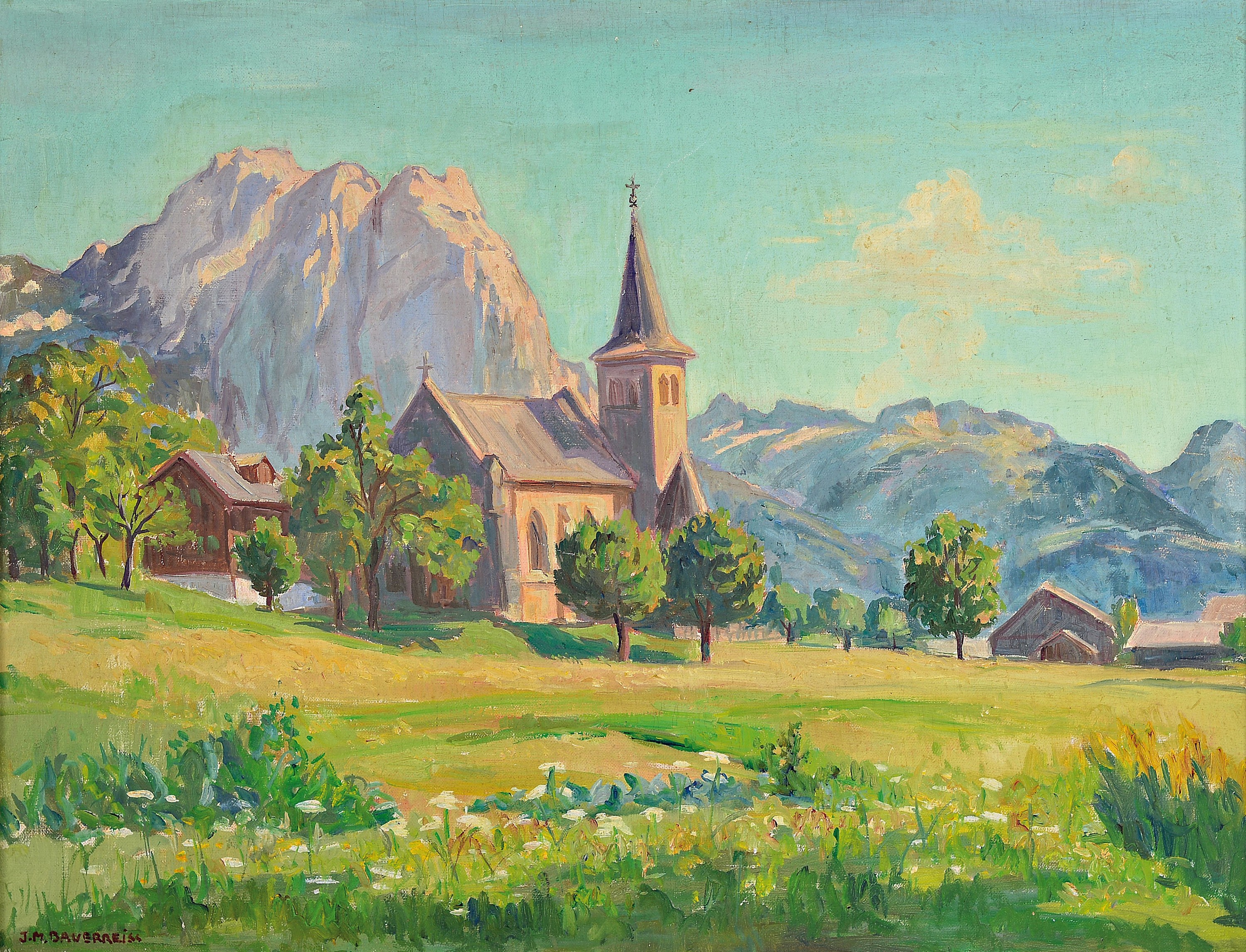 Ida Maria Bauerreiss, 1902 Heidenheim am Hahnenkamm-1994 Augsburg, Gebirgslandschaft mit Kapelle, Öl/Hartfaser, links unten sign., ca. 60x80cm, R. ...