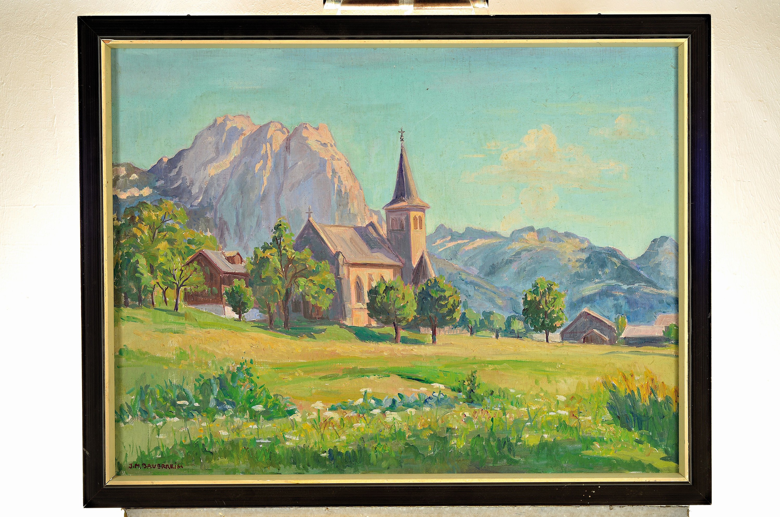 Detail k: Ida Maria Bauerreiss, 1902 Heidenheim am Hahnenkamm-1994 Augsburg, Gebirgslandschaft mit Kapelle, Öl/Hartfaser, links unten sign., ca. 60x80cm, R. ...