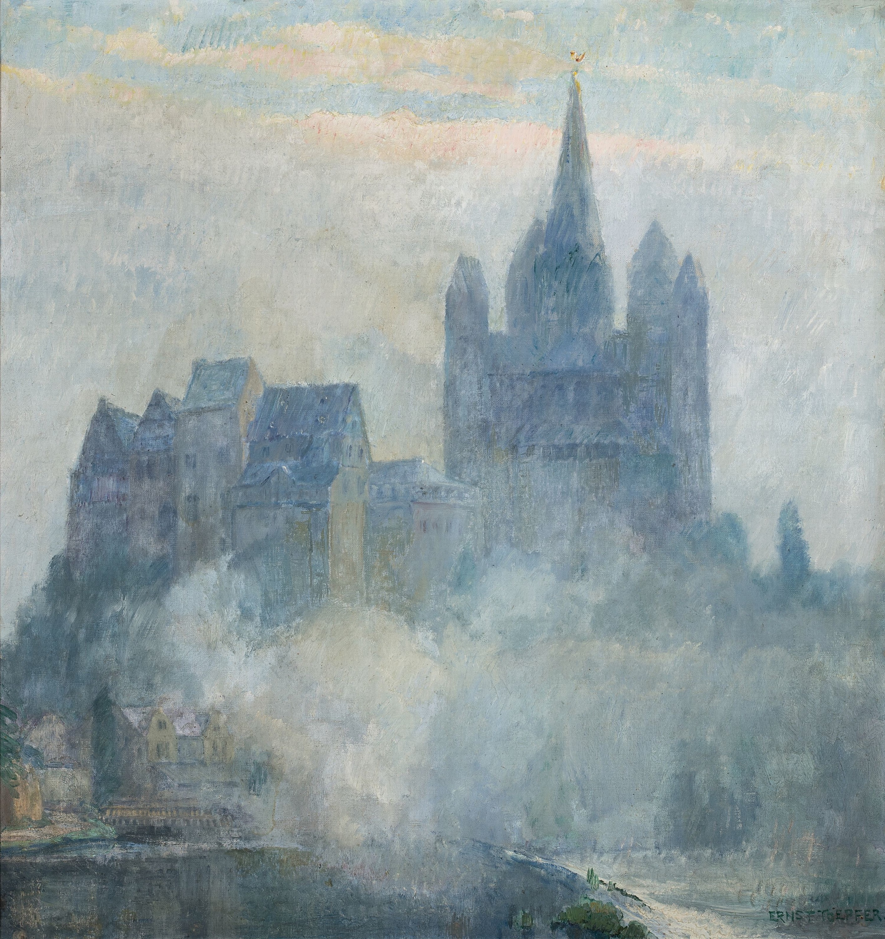 Ernst Toepfer, 1878 Wiesbaden-1955 Idstein, Blick auf den Dom zu Limburg an der Lahn im Morgennebel, Öl/Lwd, rechts unten signiert, schöne ...