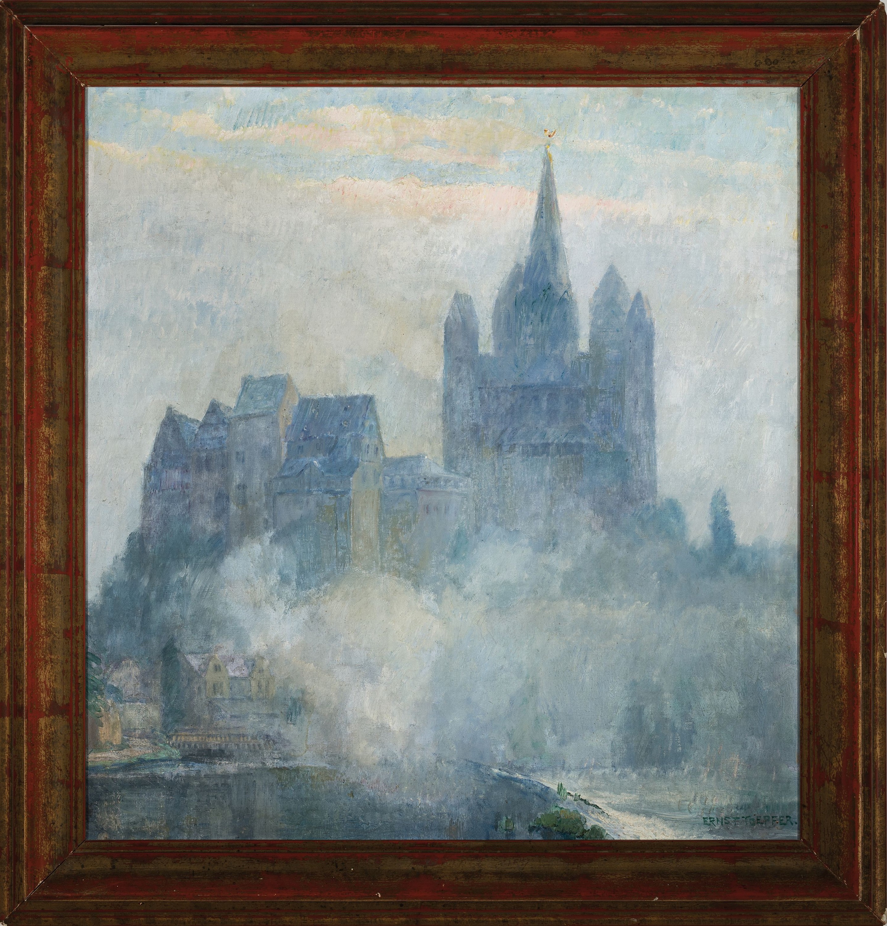 Detail k: Ernst Toepfer, 1878 Wiesbaden-1955 Idstein, Blick auf den Dom zu Limburg an der Lahn im Morgennebel, Öl/Lwd, rechts unten signiert, schöne ...