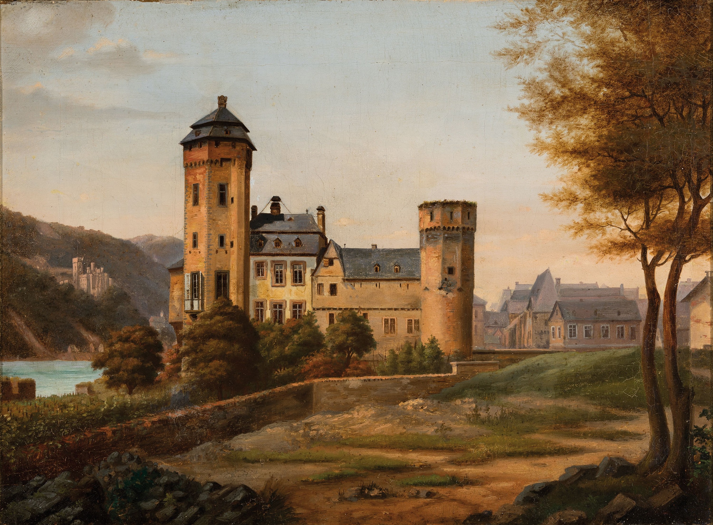 Unbekannter Künstler aus der Zeit um 1850, Ansicht von Lahnstein am Rhein, Blick auf den "alten" Stadtturm und Schloss Stolzenfels im ...
