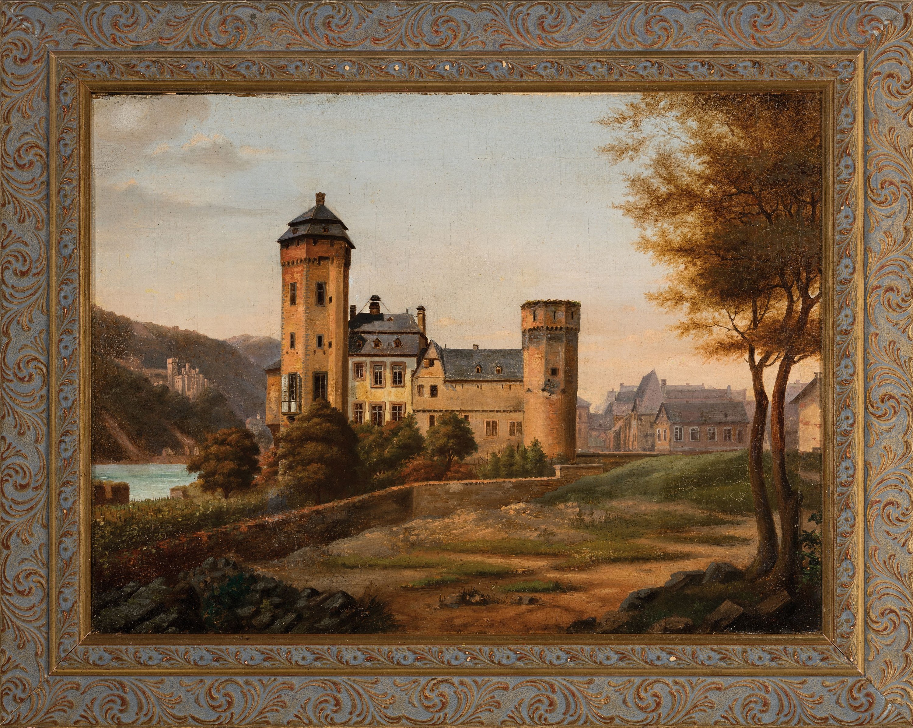 Detail k: Unbekannter Künstler aus der Zeit um 1850, Ansicht von Lahnstein am Rhein, Blick auf den "alten" Stadtturm und Schloss Stolzenfels im ...