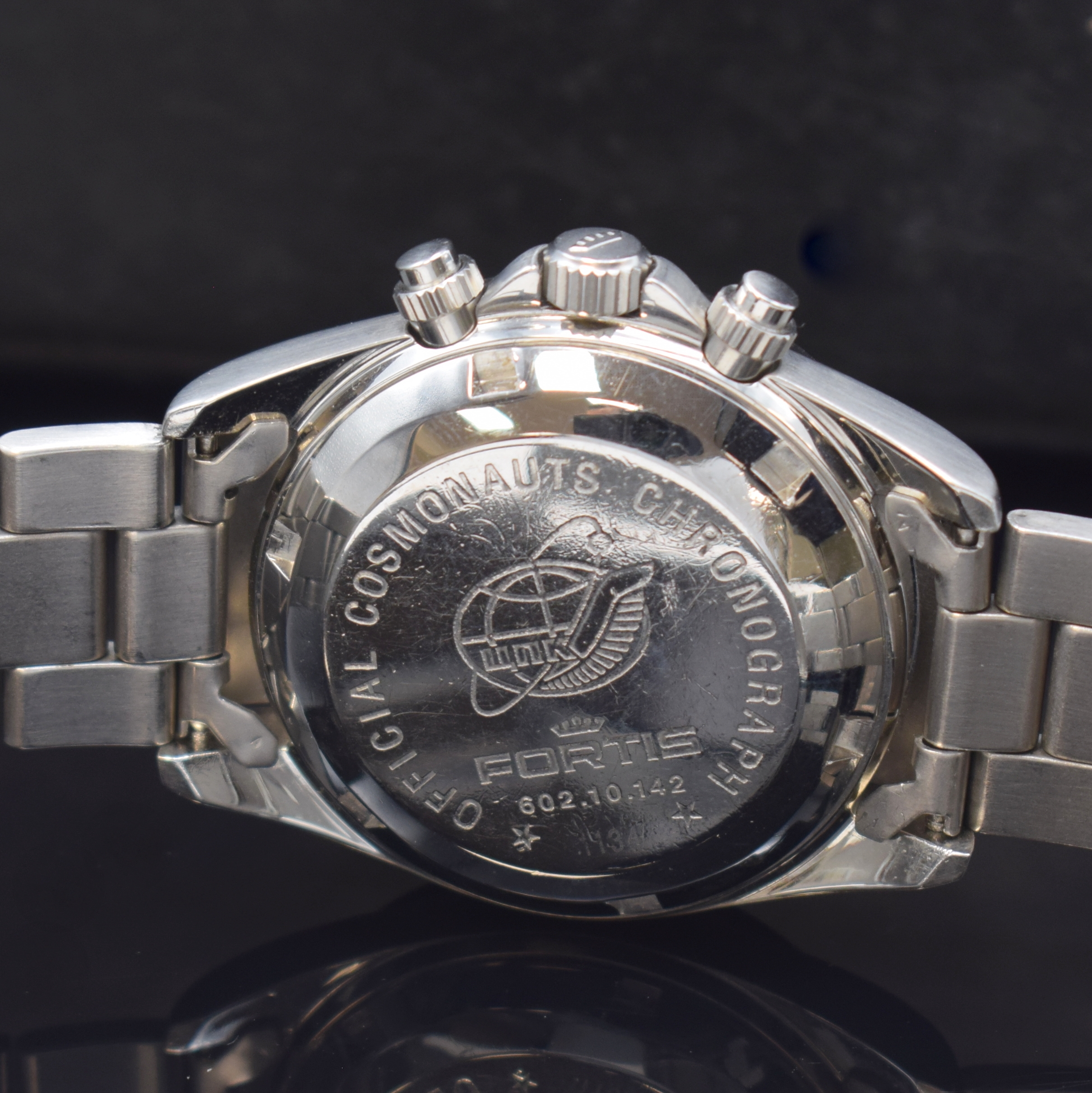 Detail d: FORTIS Official Cosmonauts Chronograph in Stahl Referenz 602.10.142, Schweiz um 1995, Automatik, matt. Geh., Boden, Krone u. Drücker verschr., ...