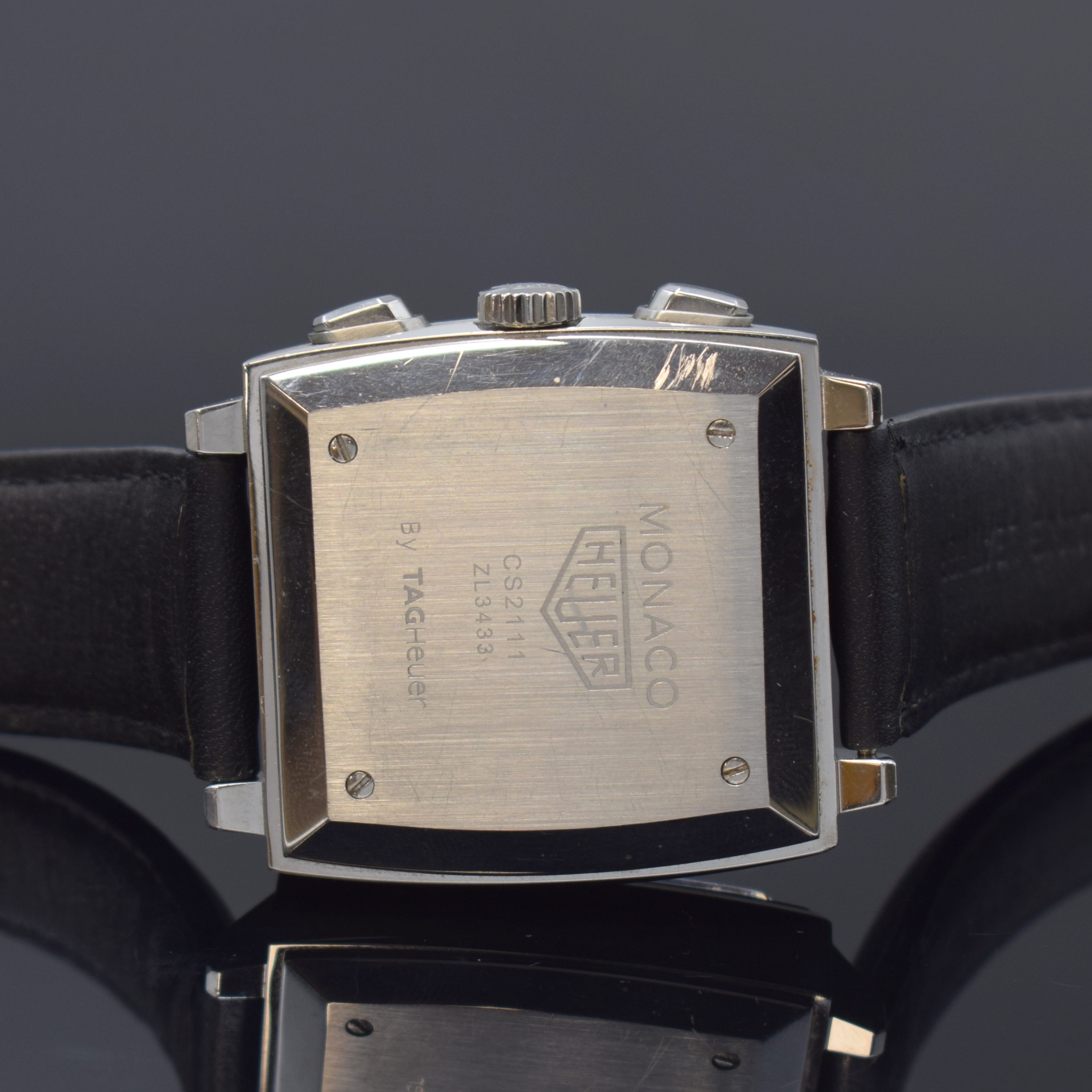Detail d: HEUER Armbandchronograph Monaco by TAG Heuer Referenz CS2111, Automatik, Schweiz um 2000, Edelstahlgeh. inkl. orig. Lederband m. orig. Dornschl., ...