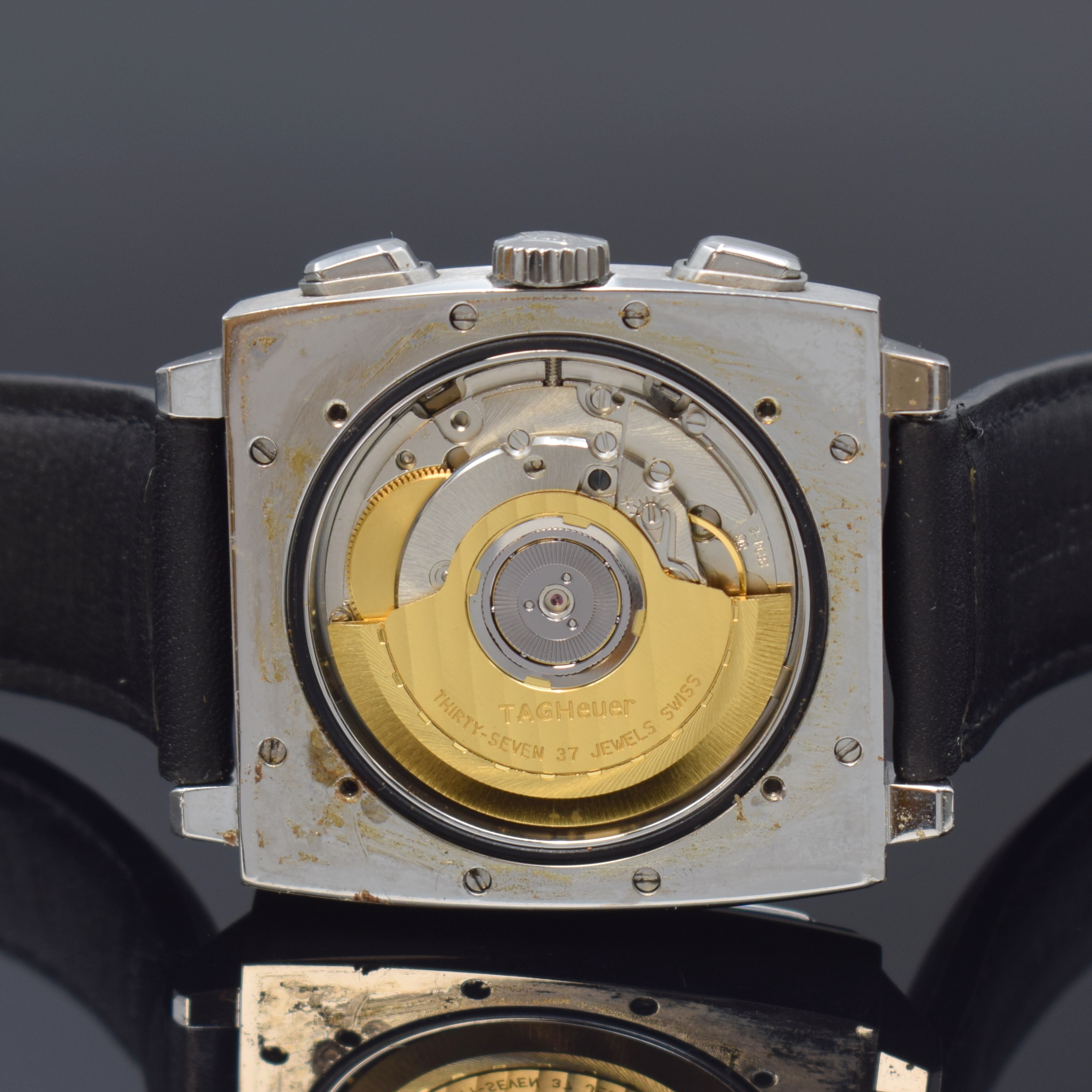 Detail e: HEUER Armbandchronograph Monaco by TAG Heuer Referenz CS2111, Automatik, Schweiz um 2000, Edelstahlgeh. inkl. orig. Lederband m. orig. Dornschl., ...