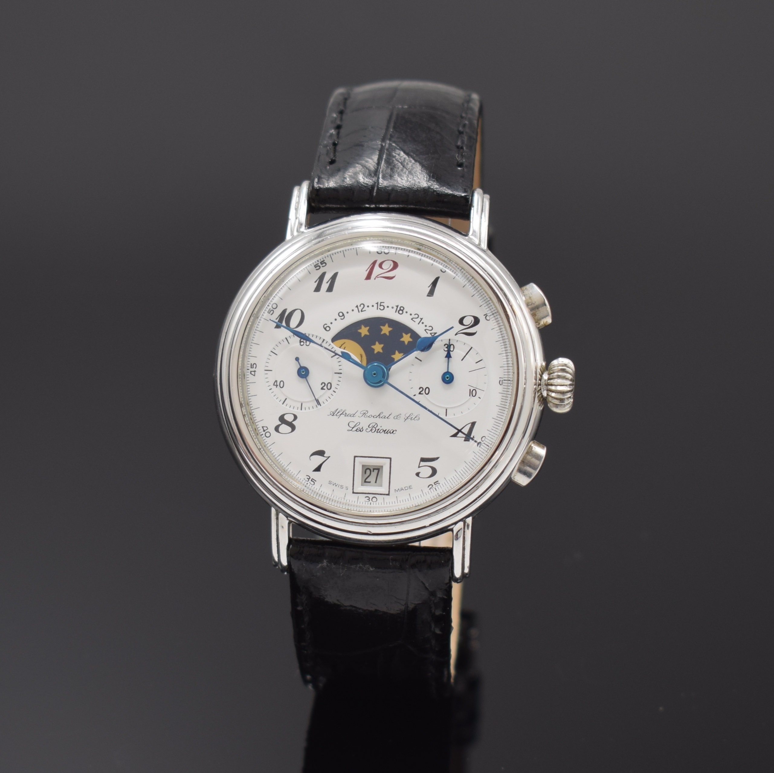 ALFRED ROCHAT & FILS limitierter Armband- Chronograph mit Mondphase und Datum in Silber, Schweiz um 1990, Handaufzug, 3-tlg. Sterling-Silbergeh., ...