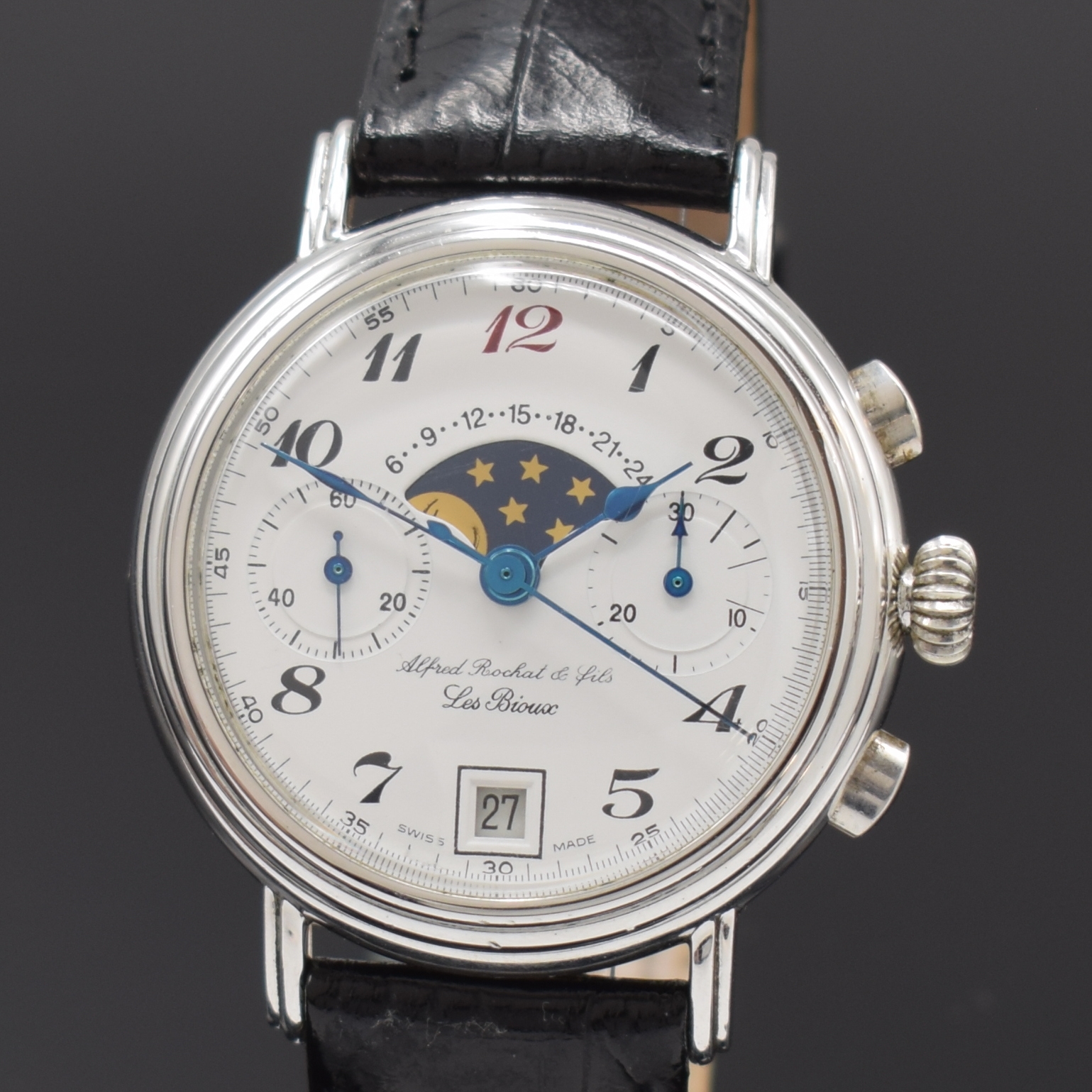 Detail a: ALFRED ROCHAT & FILS limitierter Armband- Chronograph mit Mondphase und Datum in Silber, Schweiz um 1990, Handaufzug, 3-tlg. Sterling-Silbergeh., ...