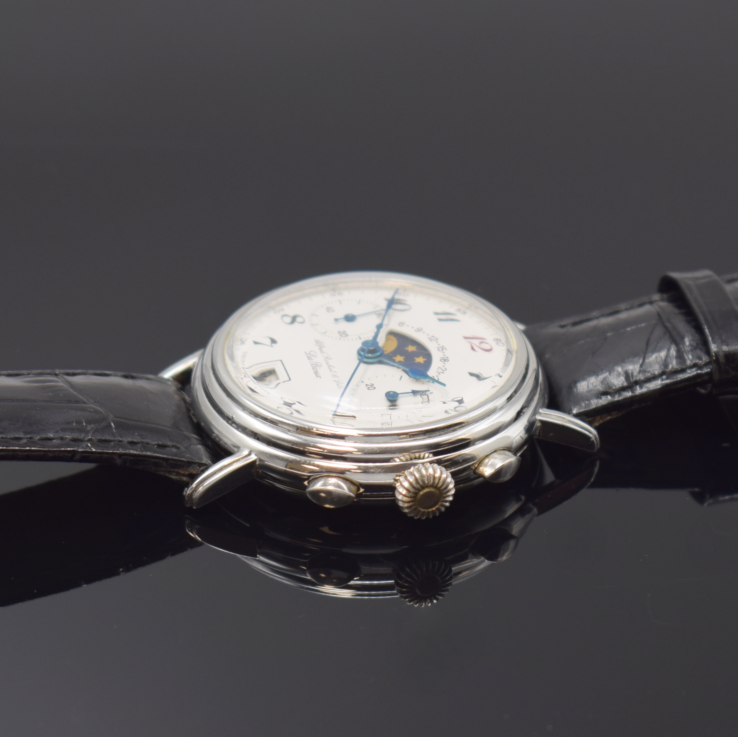 Detail b: ALFRED ROCHAT & FILS limitierter Armband- Chronograph mit Mondphase und Datum in Silber, Schweiz um 1990, Handaufzug, 3-tlg. Sterling-Silbergeh., ...