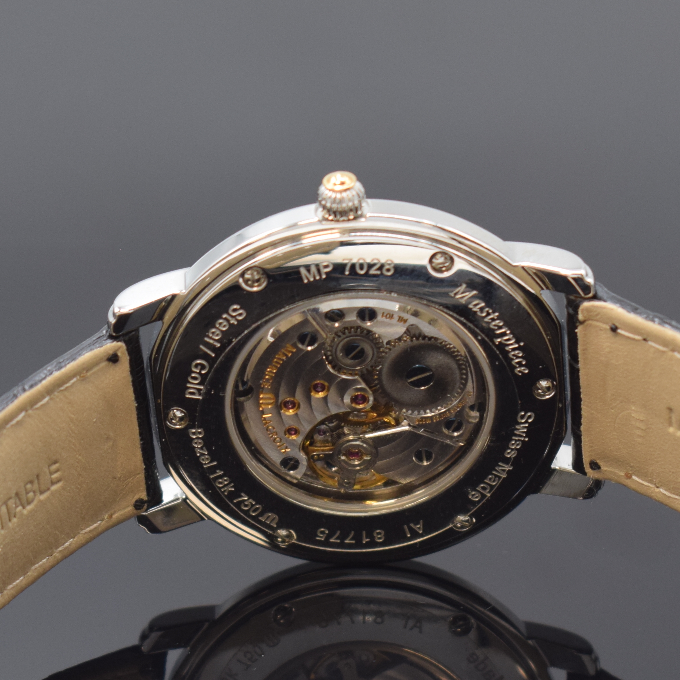 Detail d: MAURICE LACROIX nahezu neuwertige Armbanduhr aus der Masterpiece Serie Referenz MP 7028, Handaufzug, Schweiz um 2005, Edelstahl und 18k Gold ...