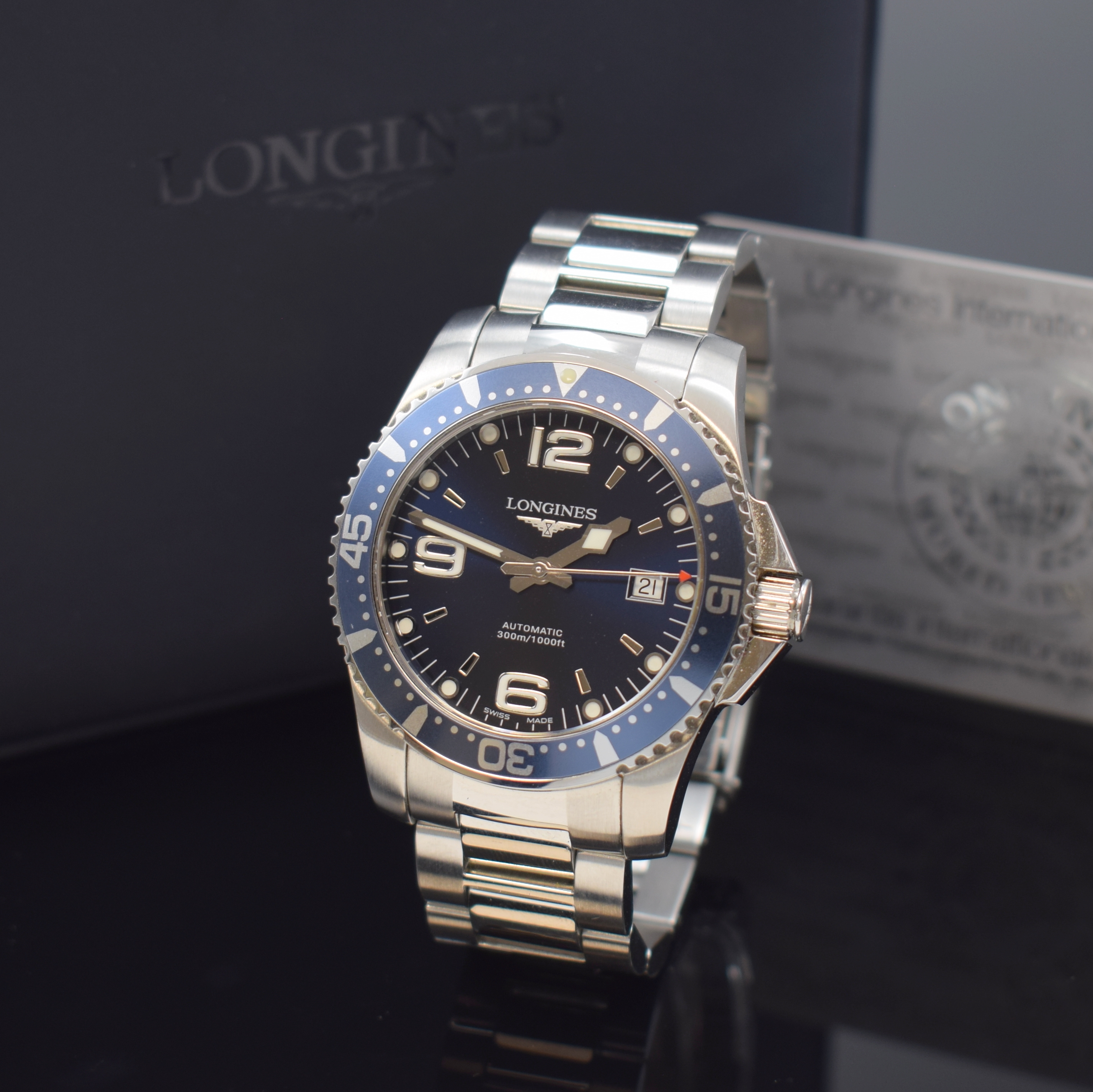 LONGINES Herrenarmbanduhr Hydro Conquest Referenz L3.642.4, Automatik, Edelstahlgeh. inkl. Gliederband m. Tauchverlängerung und Faltschl., Boden und ...