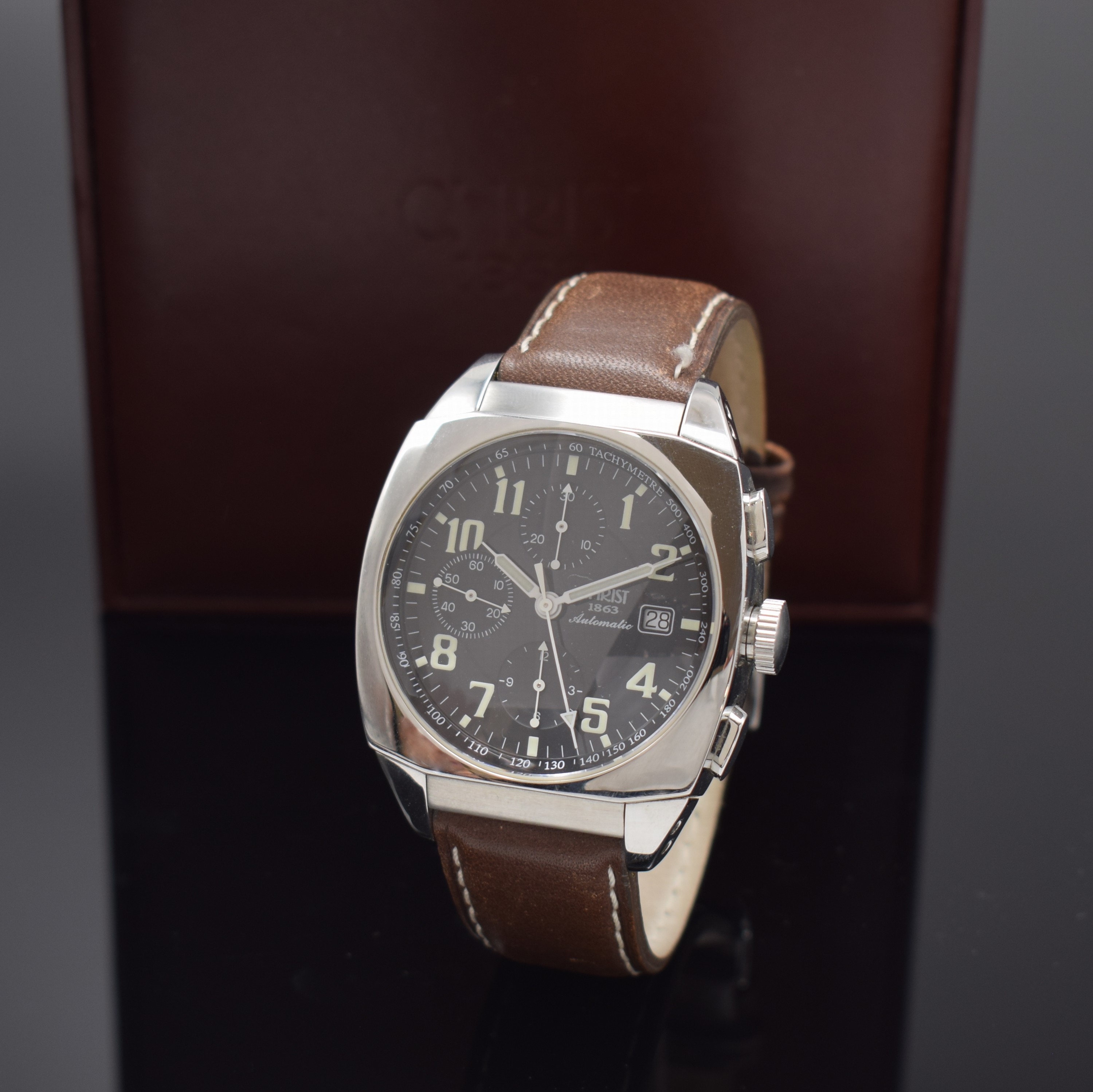 CHRIST Armbandchronograph, Automatik, Deutschland/Schweiz um 2015, Edelstahlgeh. inkl. Lederband, Boden verschr., schwarzes Kontrastzifferbl., Anz. ...