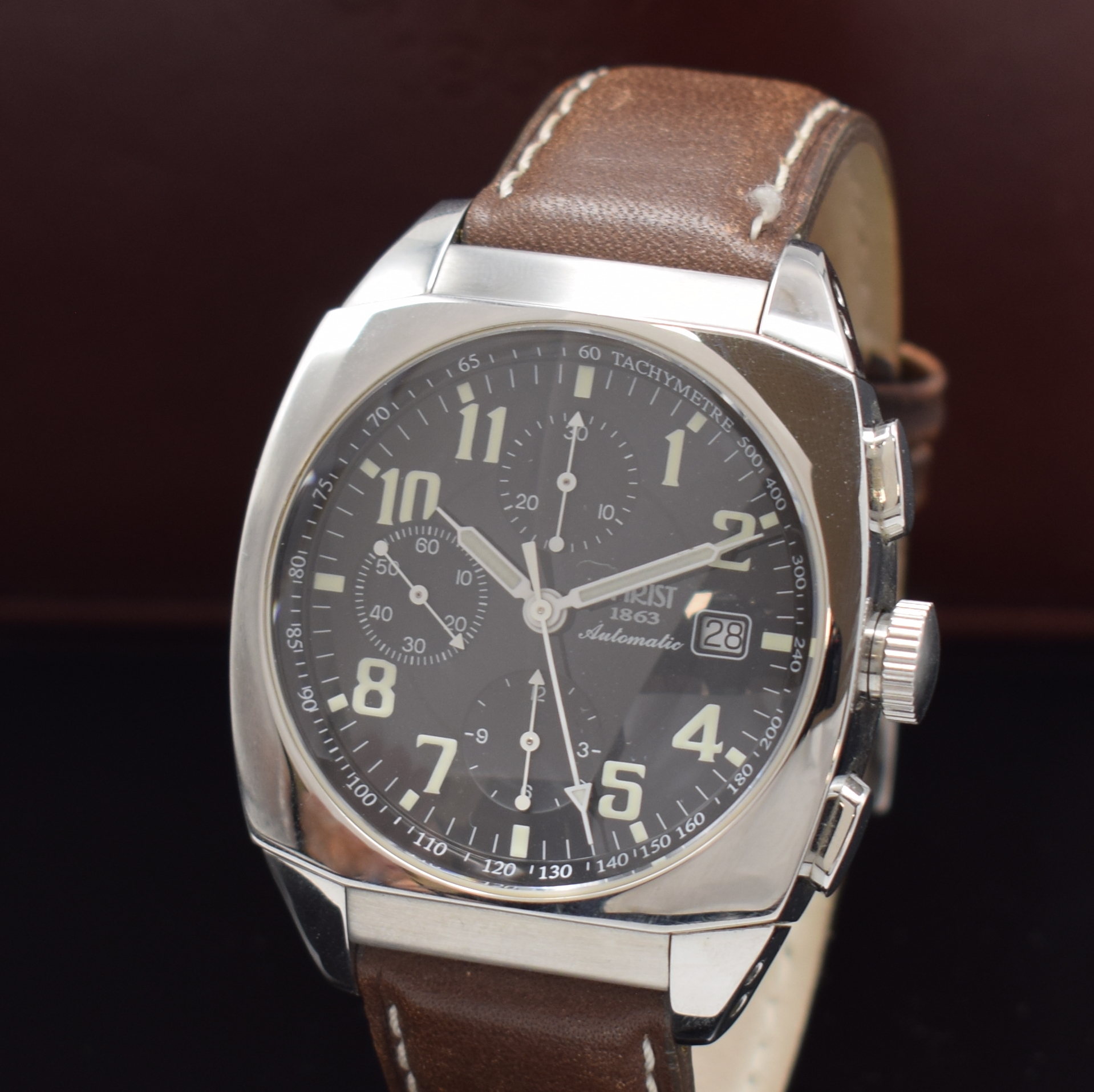 Detail a: CHRIST Armbandchronograph, Automatik, Deutschland/Schweiz um 2015, Edelstahlgeh. inkl. Lederband, Boden verschr., schwarzes Kontrastzifferbl., Anz. ...