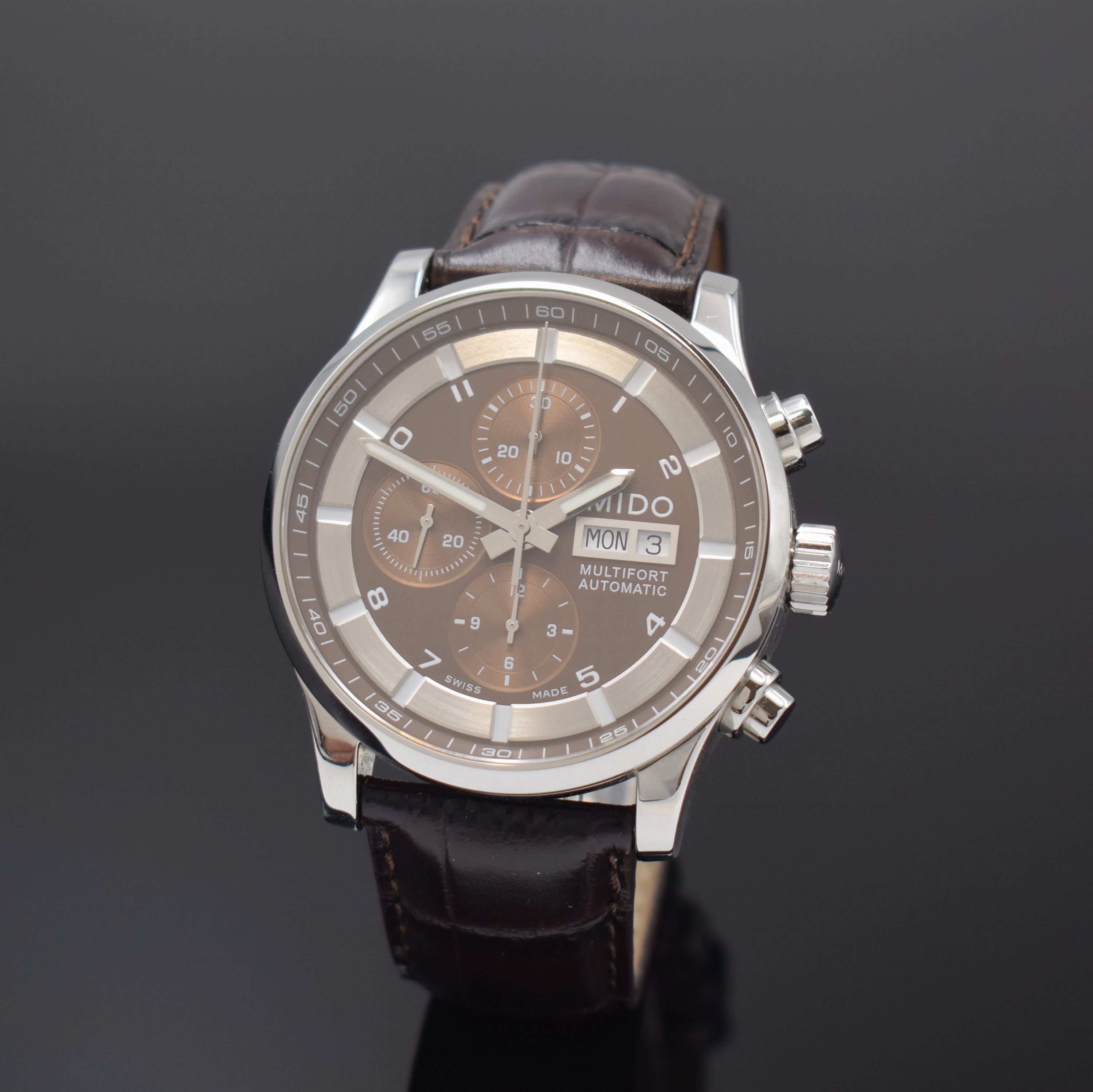MIDO Armbandchronograph Multifort Referenz M005614A, Automatik, Schweiz um 2020, Edelstahlgeh. inkl. orig. Lederband m. dopp. Faltschl., beids. ...