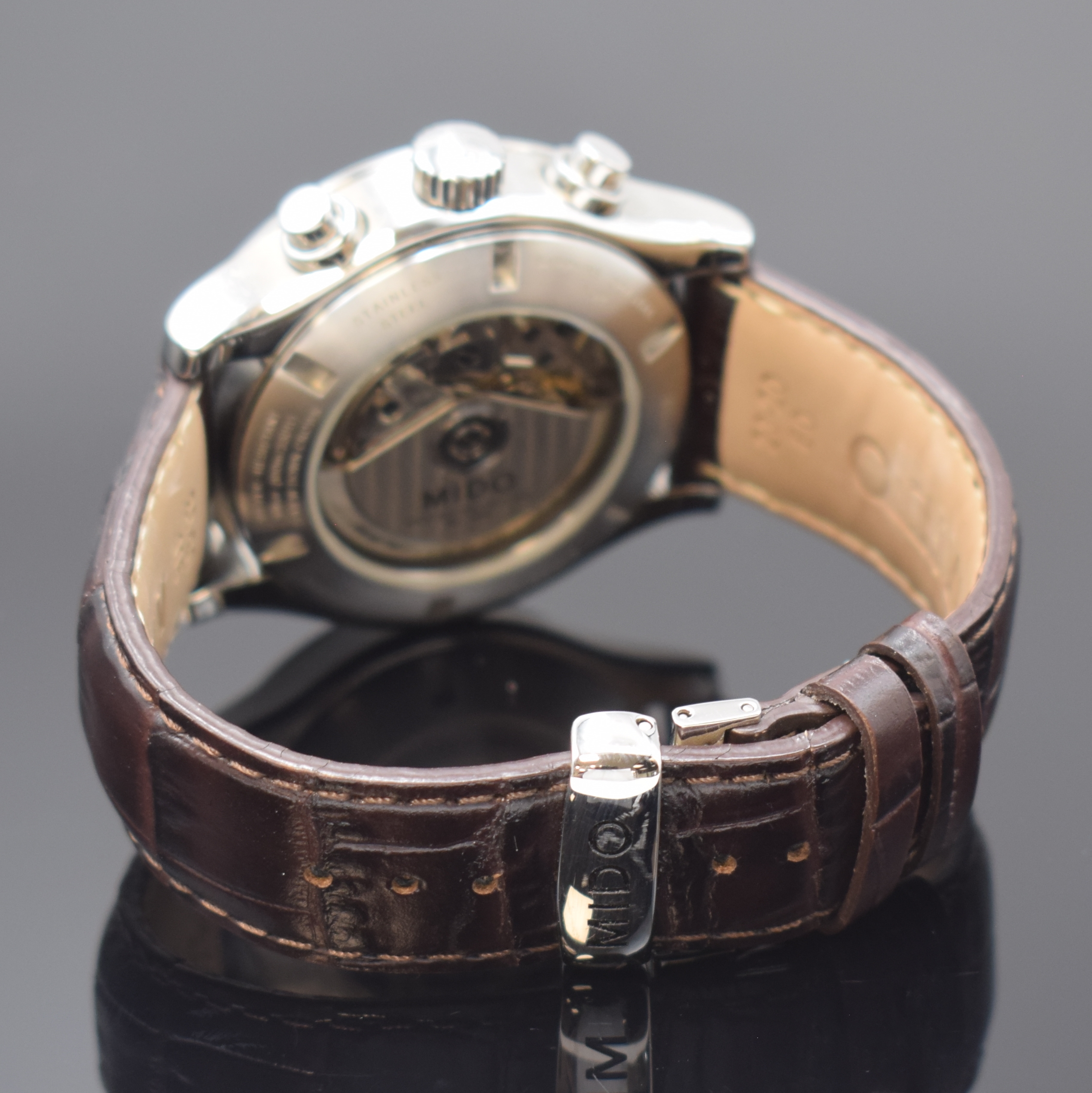 Detail b: MIDO Armbandchronograph Multifort Referenz M005614A, Automatik, Schweiz um 2020, Edelstahlgeh. inkl. orig. Lederband m. dopp. Faltschl., beids. ...