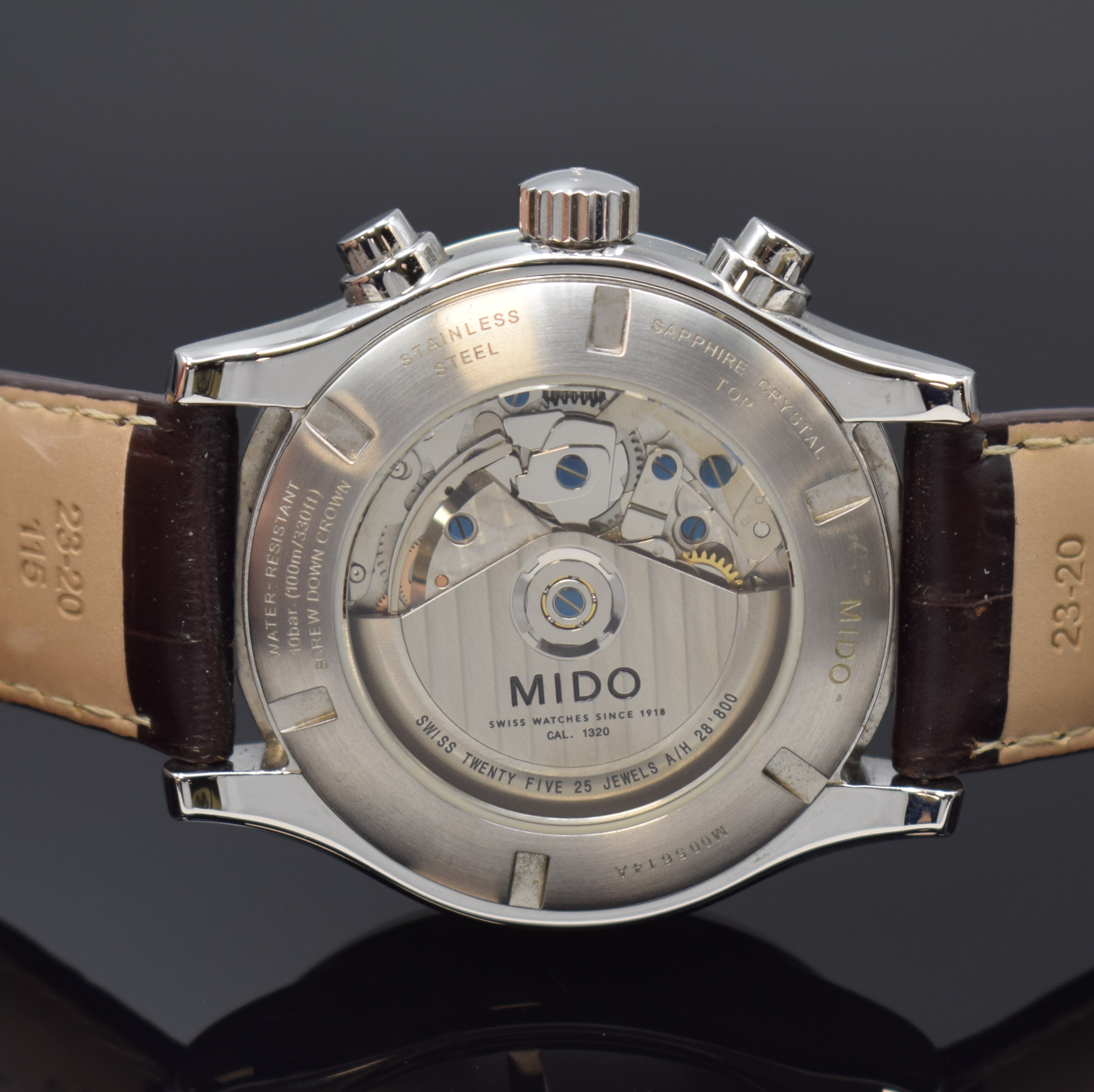 Detail d: MIDO Armbandchronograph Multifort Referenz M005614A, Automatik, Schweiz um 2020, Edelstahlgeh. inkl. orig. Lederband m. dopp. Faltschl., beids. ...