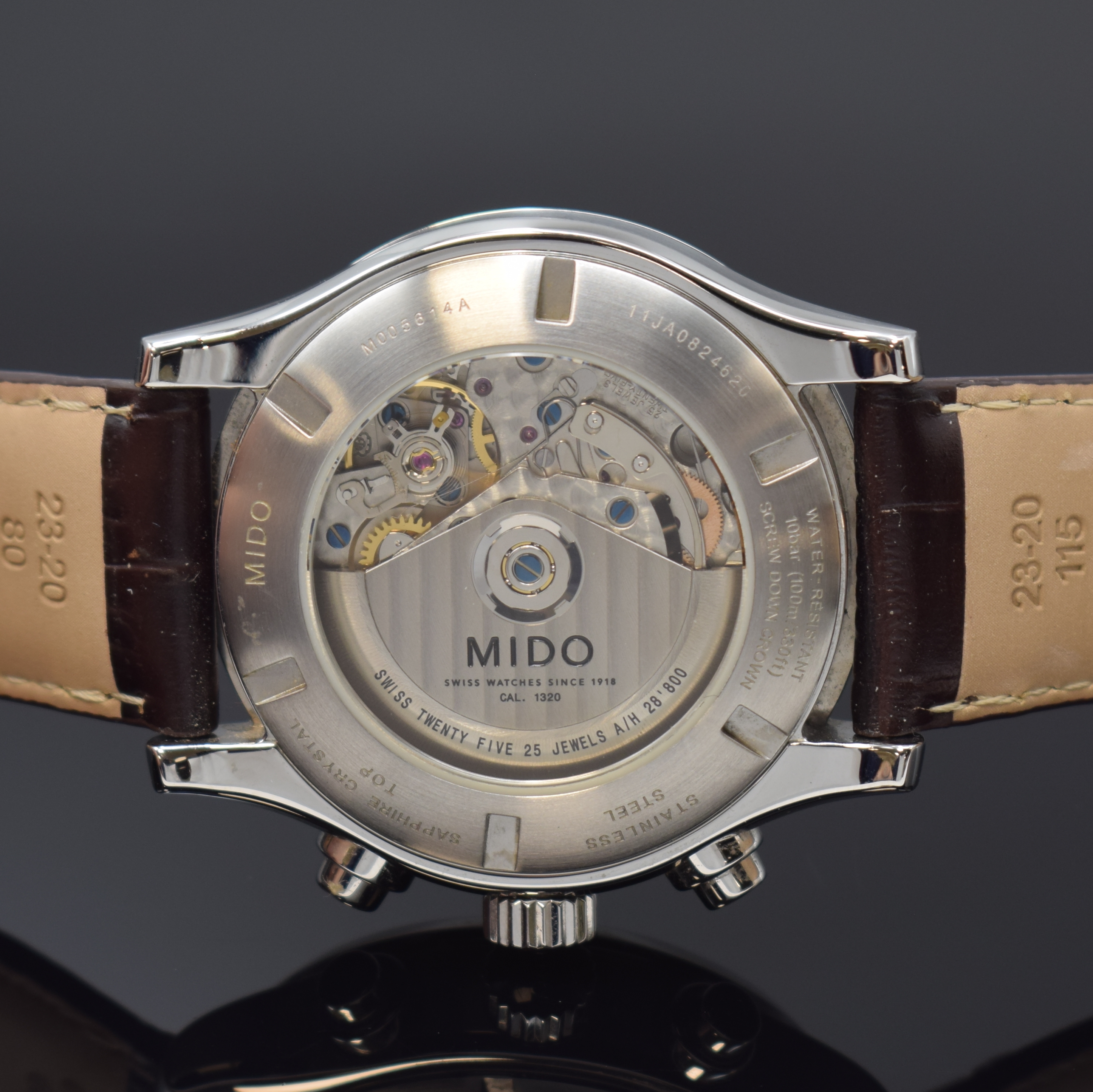Detail e: MIDO Armbandchronograph Multifort Referenz M005614A, Automatik, Schweiz um 2020, Edelstahlgeh. inkl. orig. Lederband m. dopp. Faltschl., beids. ...
