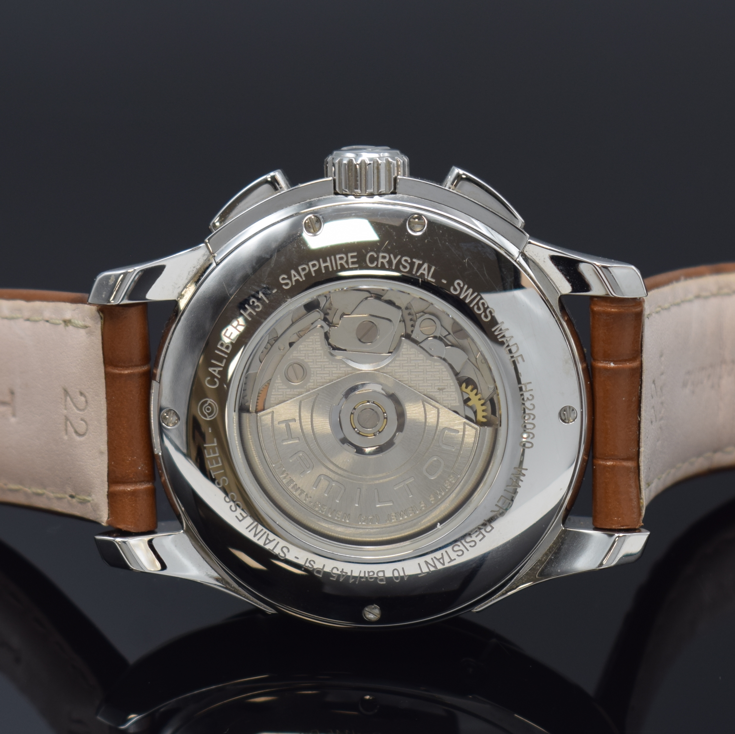 Detail c: HAMILTON Herrenarmbanduhr Jazzmaster Referenz H326060, Automatik, Schweiz um 2020, Edelstahlgeh. inkl. orig. Lederband m. orig. Dornschl., beids. ...