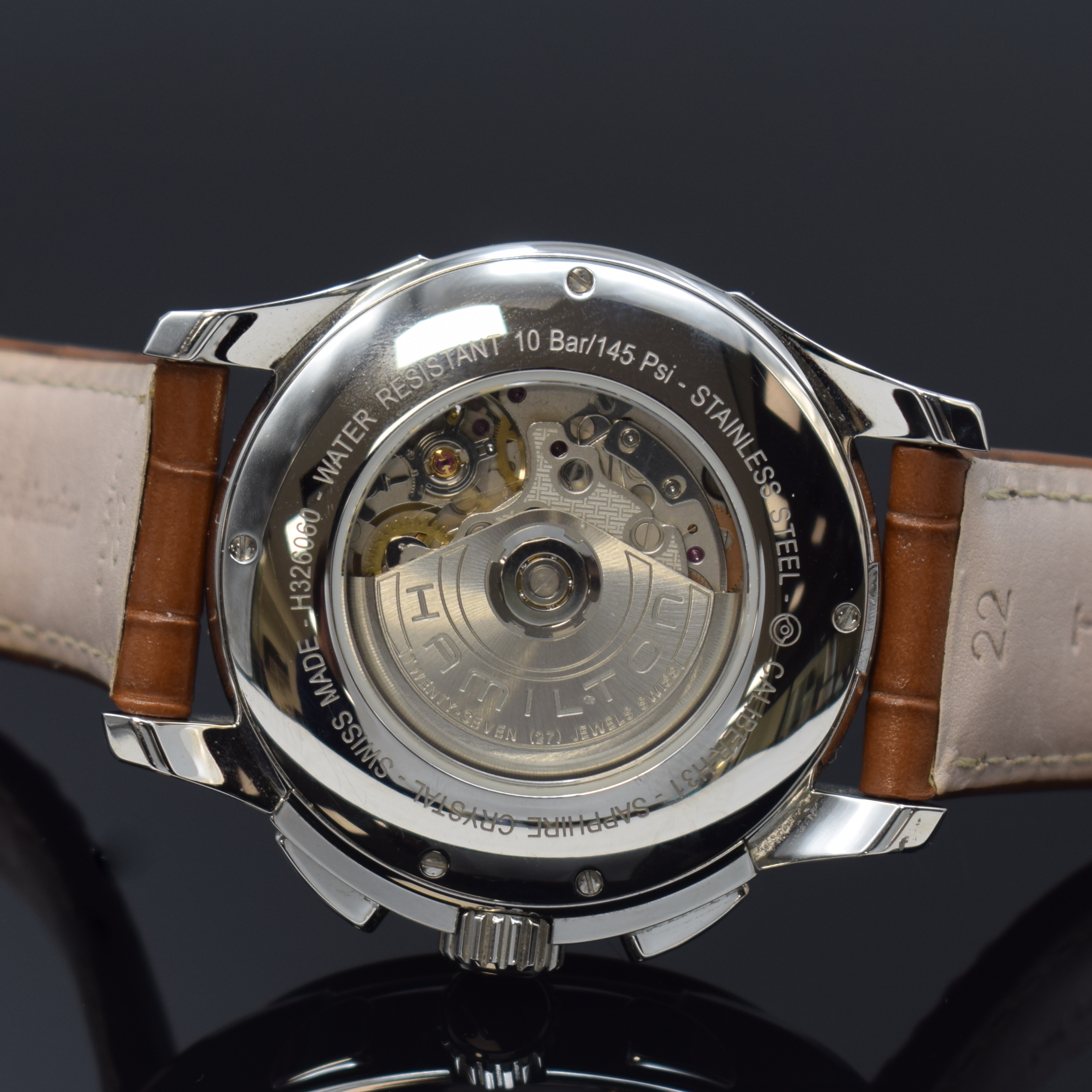 Detail d: HAMILTON Herrenarmbanduhr Jazzmaster Referenz H326060, Automatik, Schweiz um 2020, Edelstahlgeh. inkl. orig. Lederband m. orig. Dornschl., beids. ...