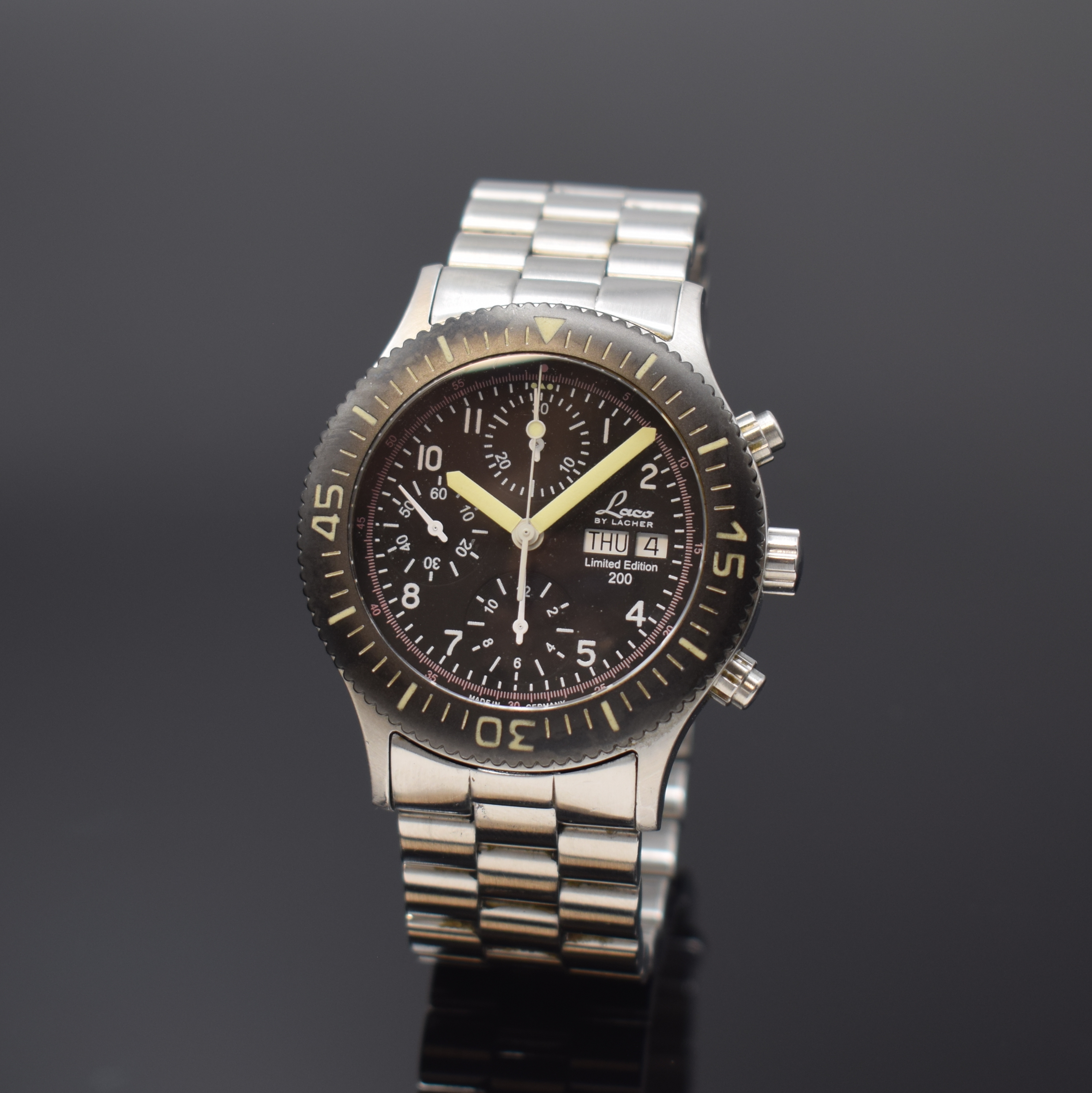 LACO by LACHER Armbandchronograph Limited Edition 200, Deutschland um 2000, Automatik, Edelstahlgeh. inkl. Gliederband m. dopp. Faltschl., beids. ...