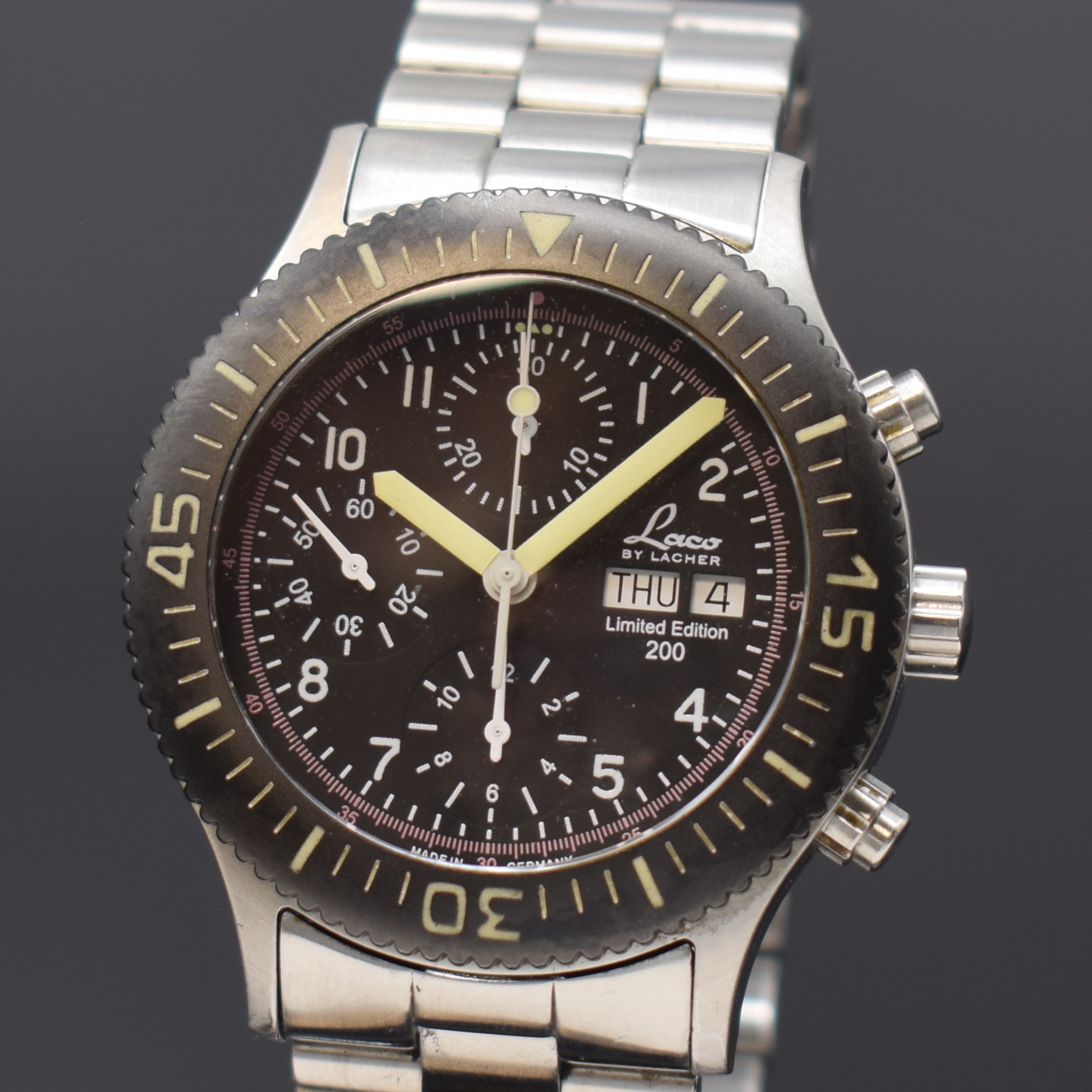 Detail a: LACO by LACHER Armbandchronograph Limited Edition 200, Deutschland um 2000, Automatik, Edelstahlgeh. inkl. Gliederband m. dopp. Faltschl., beids. ...