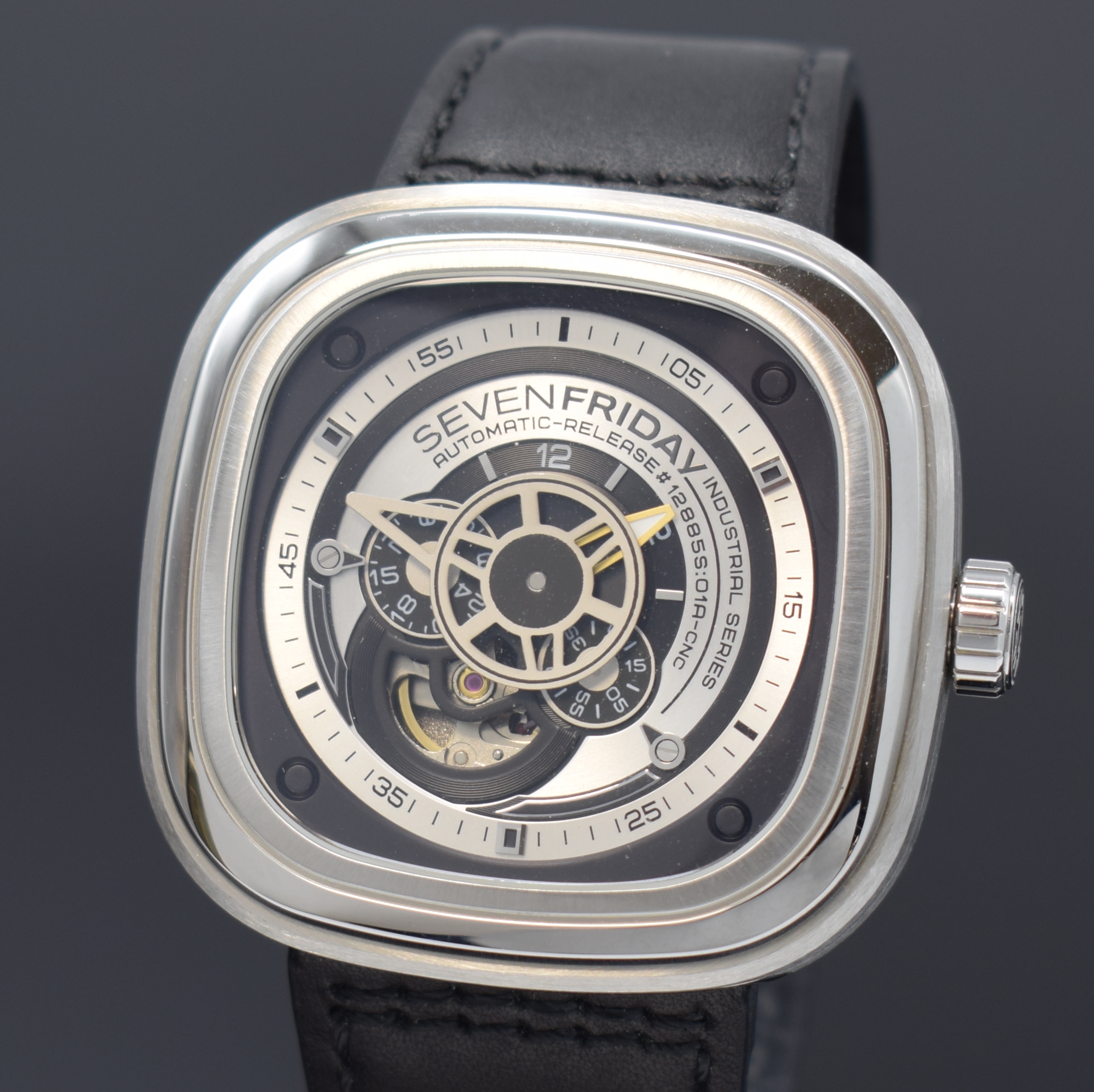 Detail a: SEVENFRIDAY Industrial Series ausgefallene Armbanduhr, Automatik, USA um 2013, massives Edelstahlgeh. inkl. orig. Lederband m. orig. Dornschl., ...