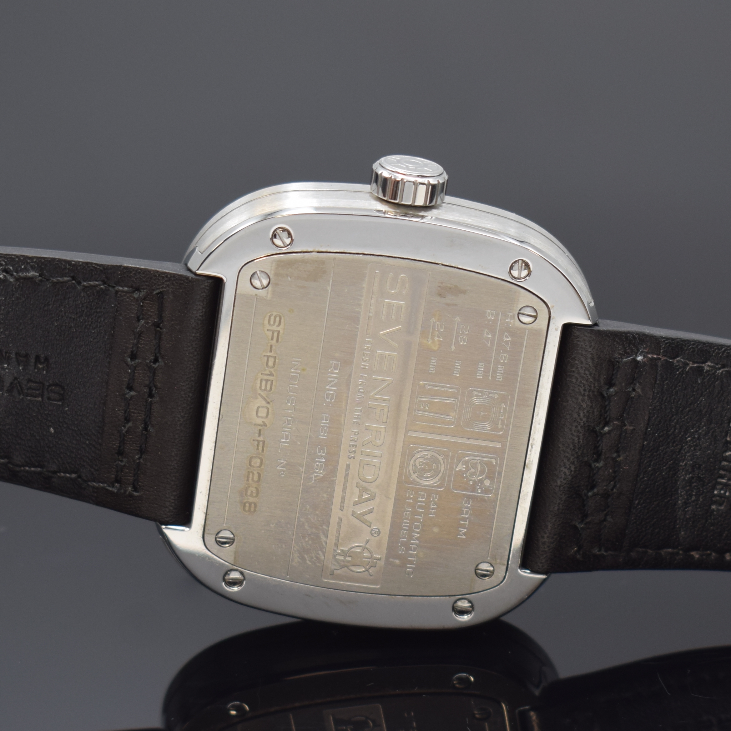Detail d: SEVENFRIDAY Industrial Series ausgefallene Armbanduhr, Automatik, USA um 2013, massives Edelstahlgeh. inkl. orig. Lederband m. orig. Dornschl., ...