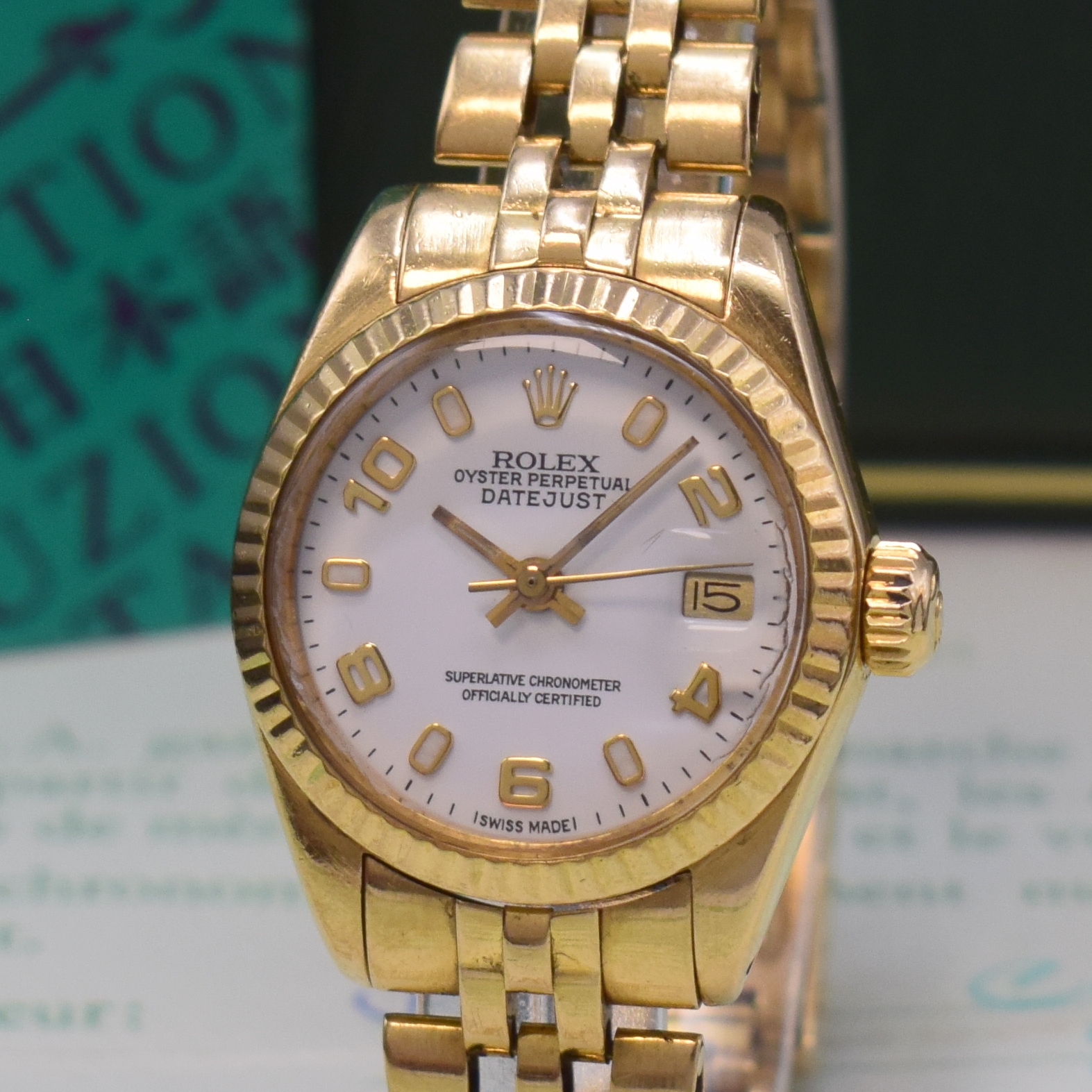 Detail a: ROLEX Damenarmbanduhr Referenz 6917 in GG 750/000 am Jubileeband mit Box und Papier, Schweiz lt. orig. Papier verk. 1980, Automatik, verschr. ...