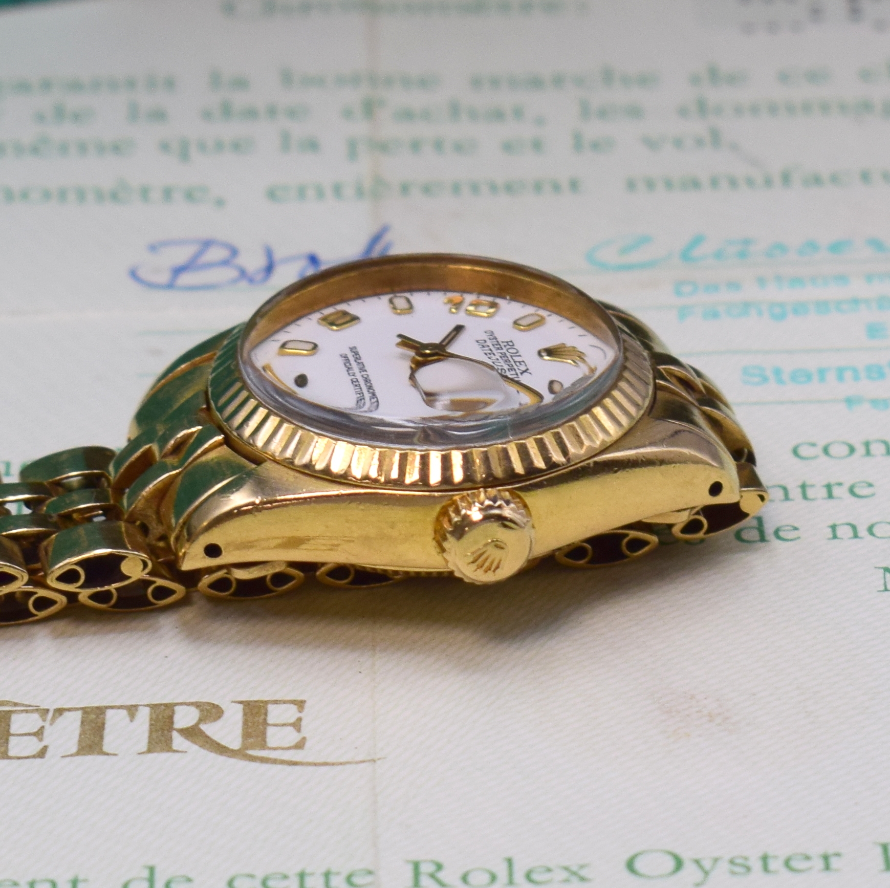 Detail d: ROLEX Damenarmbanduhr Referenz 6917 in GG 750/000 am Jubileeband mit Box und Papier, Schweiz lt. orig. Papier verk. 1980, Automatik, verschr. ...