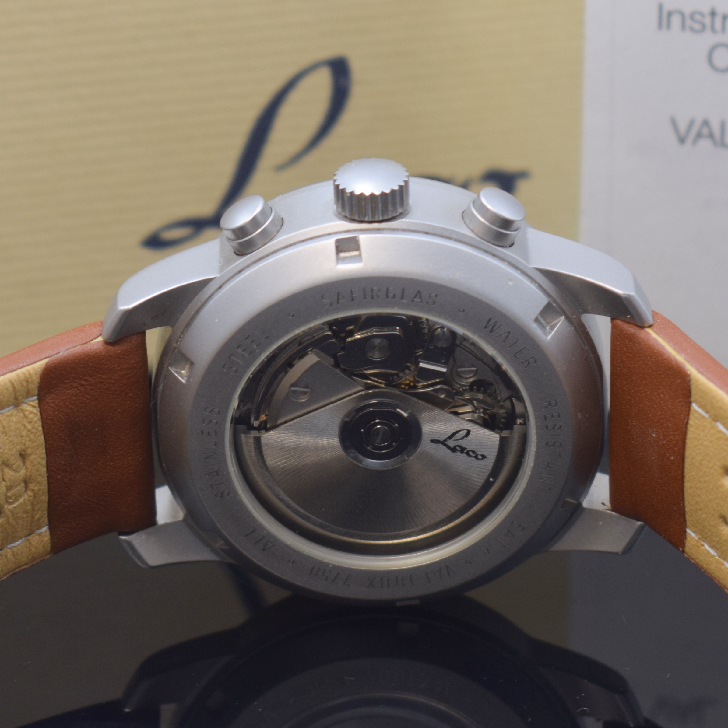 Detail c: LACO by Lacher Armbandchronograph, Automatik, Deutschland/Schweiz um 2005, matt. Edelstahlgeh. inkl. Lederband m. Faltschl., beids. vergl., Boden und ...