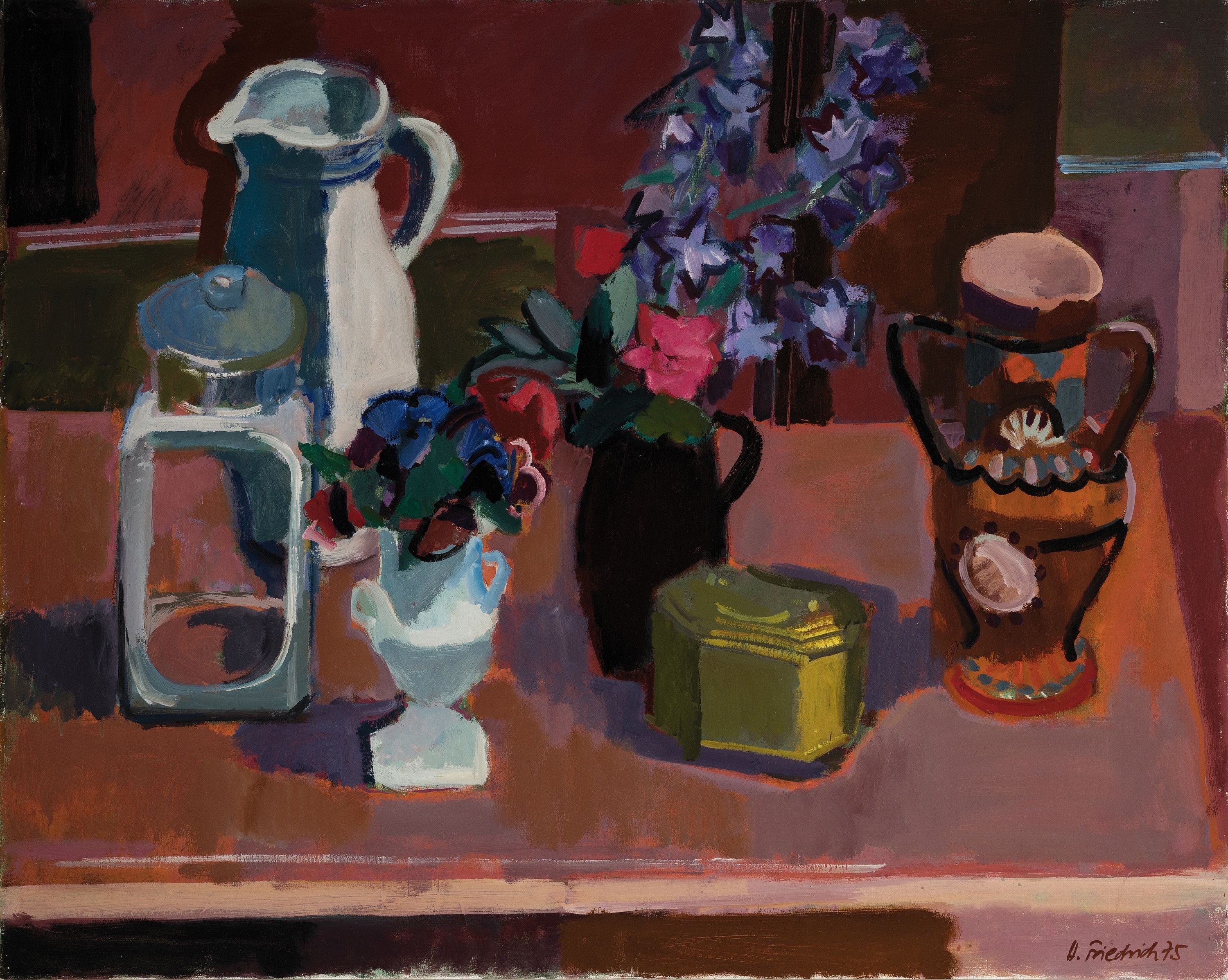 Heinz Friedrich, 1924 - 2018 Schwetzingen, Studium an der Akademie Karlsruhe bei Laible und Schnarrenberg, hier: Stillleben mit Gefäßen und Blumen, ...