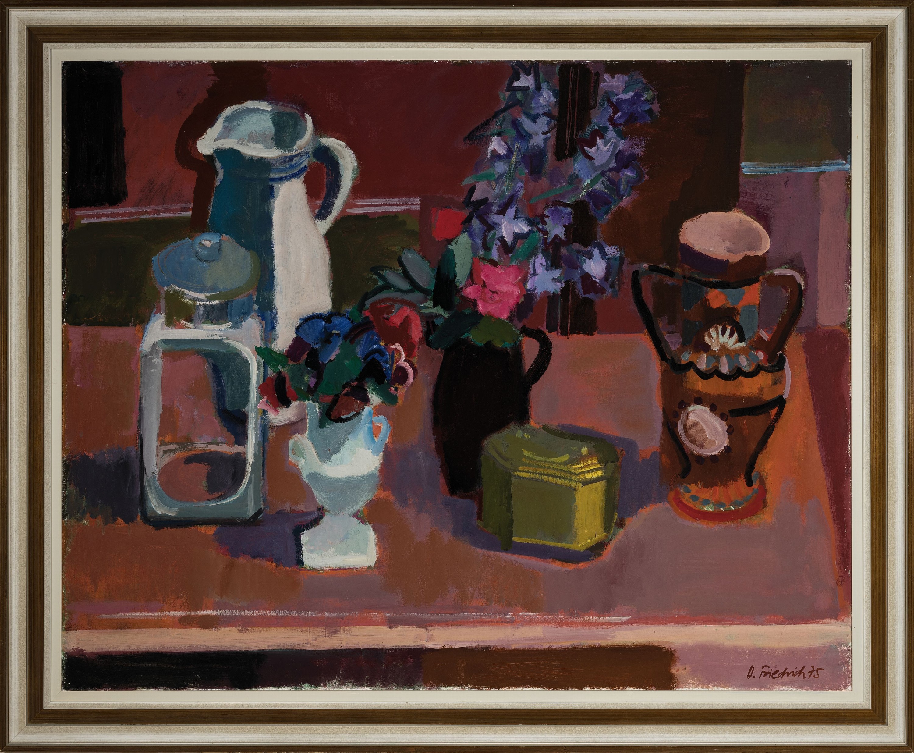 Detail k: Heinz Friedrich, 1924 - 2018 Schwetzingen, Studium an der Akademie Karlsruhe bei Laible und Schnarrenberg, hier: Stillleben mit Gefäßen und Blumen, ...