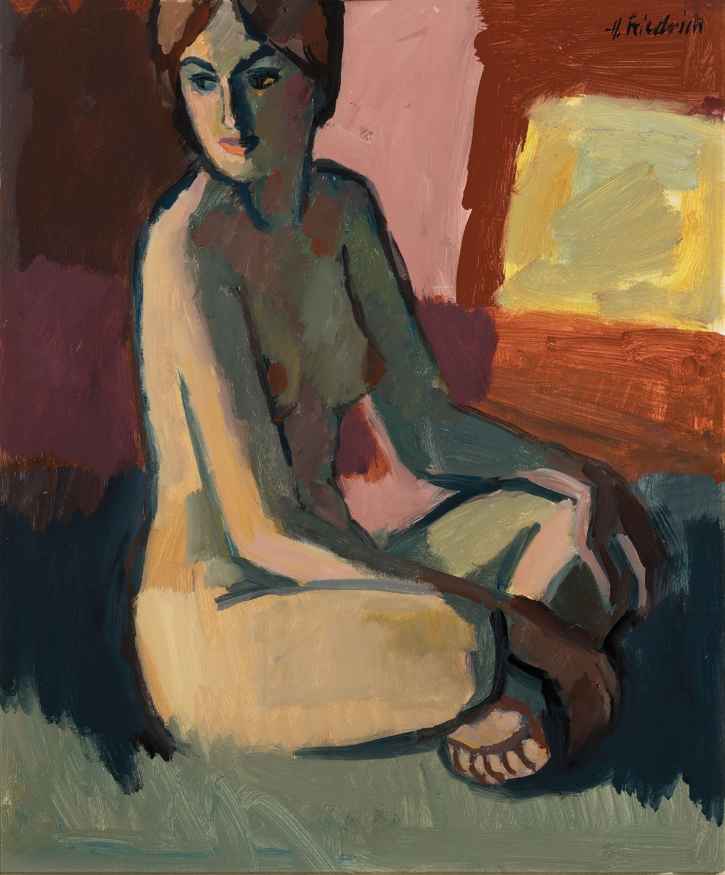 Heinz Friedrich, 1924 - 2018 Schwetzingen, Studium an der Kunstakademie Karlruhe bei Laible und Schnarrenberger, hier: Frauenakt, Öl/Lwd., re. o. ...