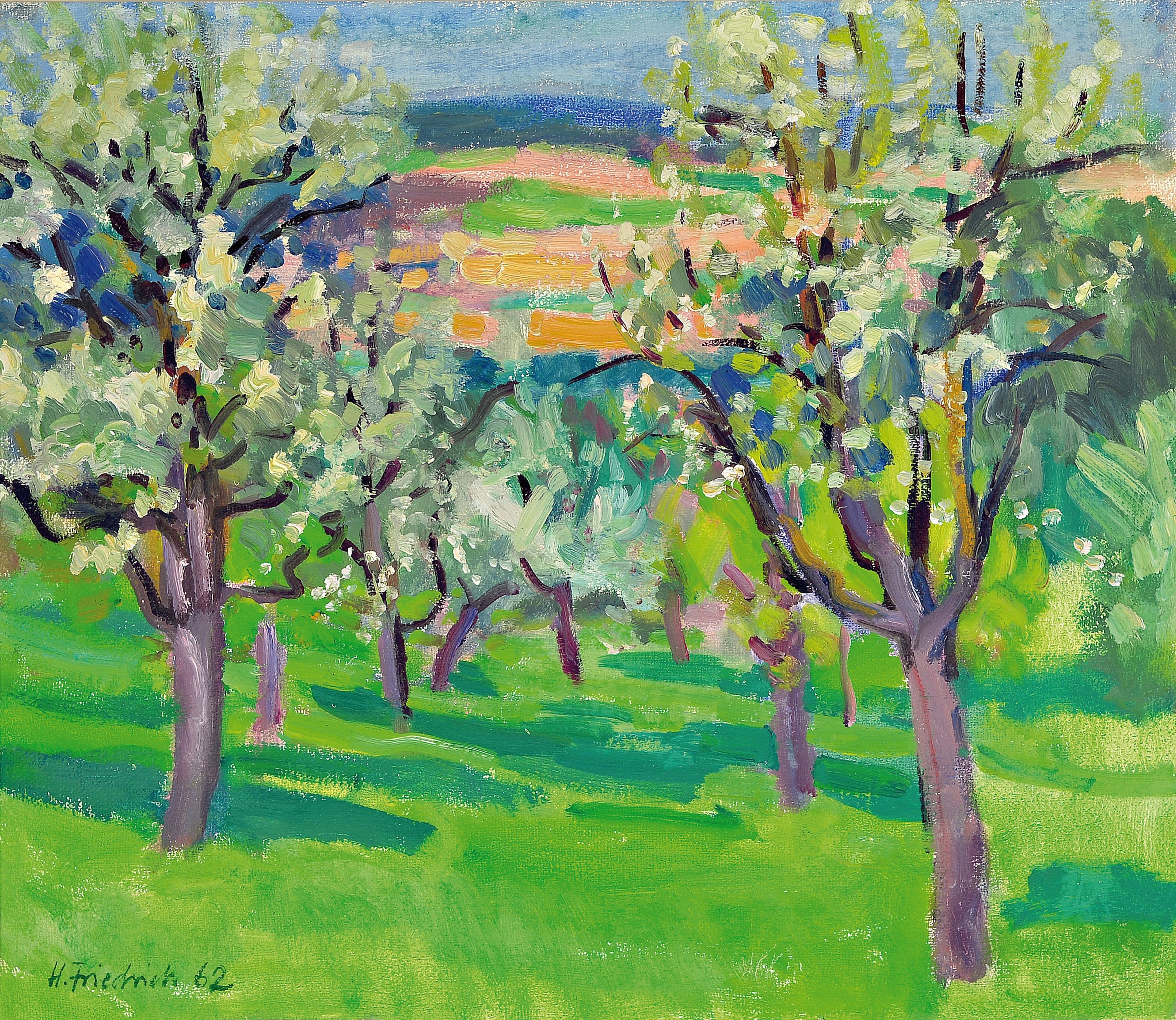 Heinz Friedrich, 1924 - 2018 Schwetzingen, Studium an der Kunstakademie Karlruhe bei Laible und Schnarrenberger, Kirschblüte an derBergstraße, ...