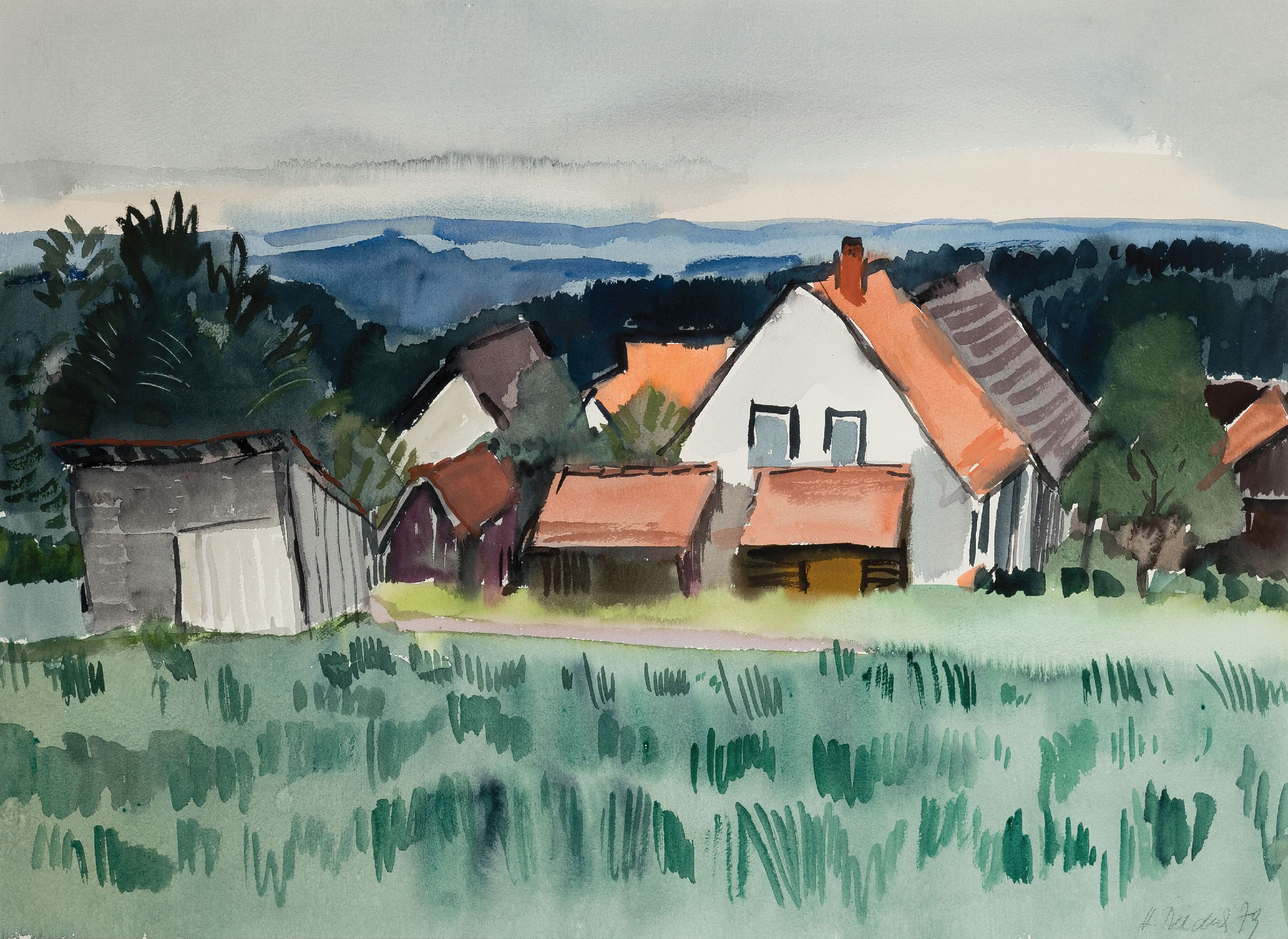 Detail a: Heinz Friedrich, 1924 - 2018 Schwetzingen, Studium an der Kunstakademie Karlsruhe bei Laible und Schnarrenberger, 2 Aquarelle: Dörfer in ...