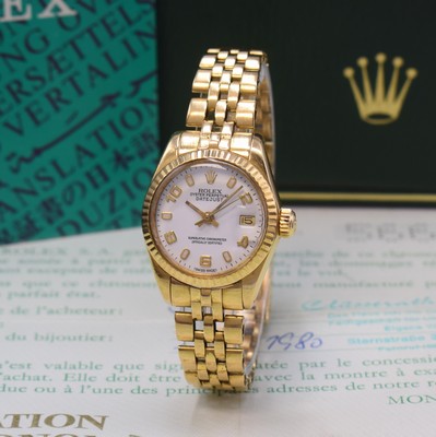 Image ROLEX Damenarmbanduhr Referenz 6917 in GG 750/000 am Jubileeband mit Box und Papier, ...