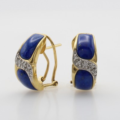 Image Paar Steckcreolen mit Lapislazuli und Diamanten, GG 585/000, 4 Lapis, Diam. zus. ca. ...