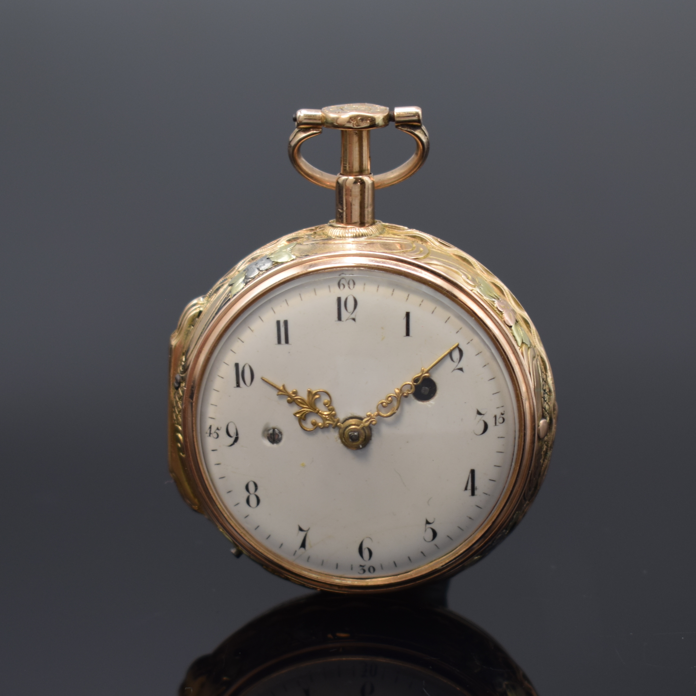 HENTSCHEL ? Strassbourg / TADEUSZ KOSZIUSZKO Spindeltaschenuhr mit 1/4-Repetition in 4- Farb-Gold, Frankreich um 1780, offenes Geh. m. grossem ...