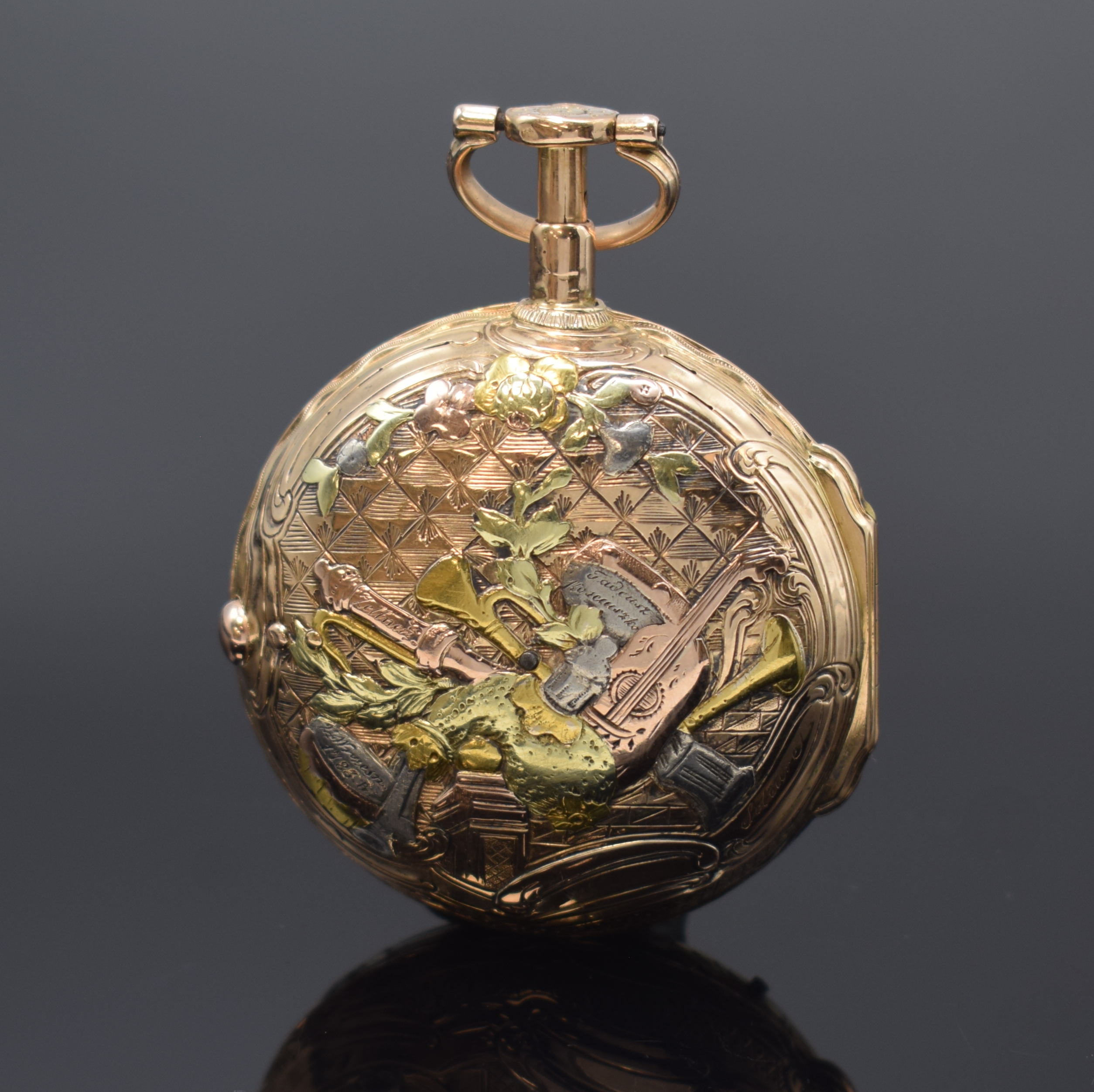 Detail a: HENTSCHEL ? Strassbourg / TADEUSZ KOSZIUSZKO Spindeltaschenuhr mit 1/4-Repetition in 4- Farb-Gold, Frankreich um 1780, offenes Geh. m. grossem ...