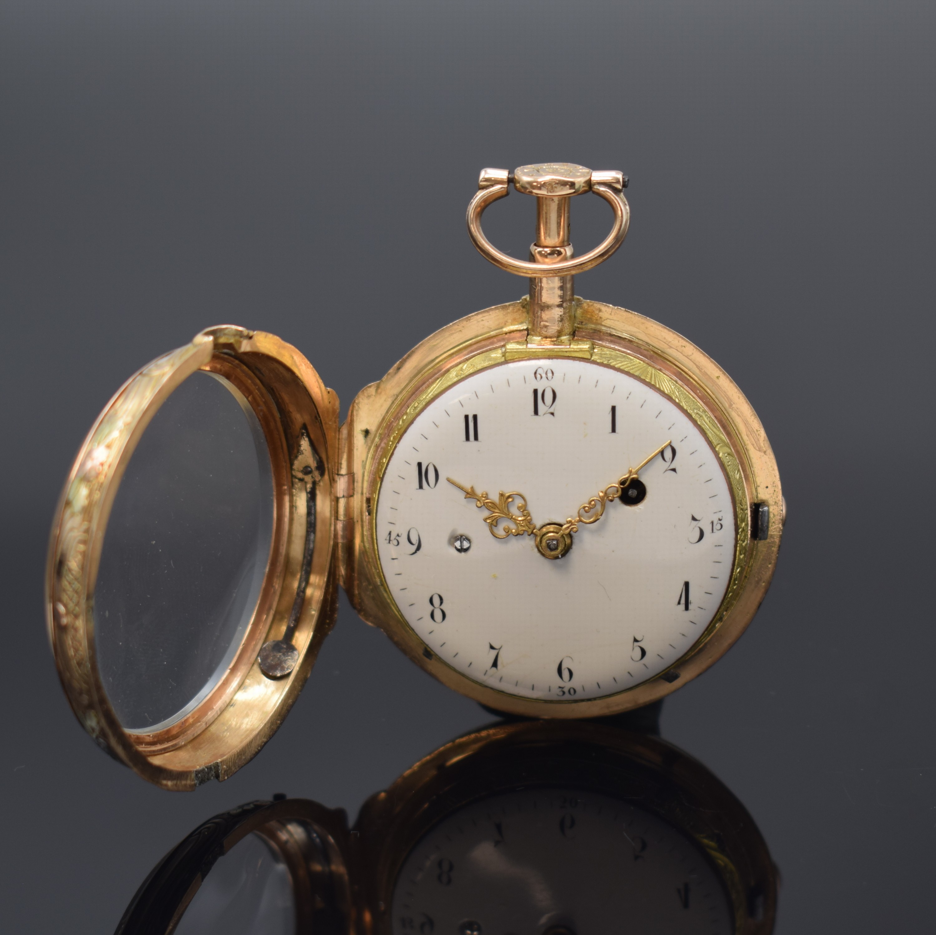 Detail b: HENTSCHEL ? Strassbourg / TADEUSZ KOSZIUSZKO Spindeltaschenuhr mit 1/4-Repetition in 4- Farb-Gold, Frankreich um 1780, offenes Geh. m. grossem ...